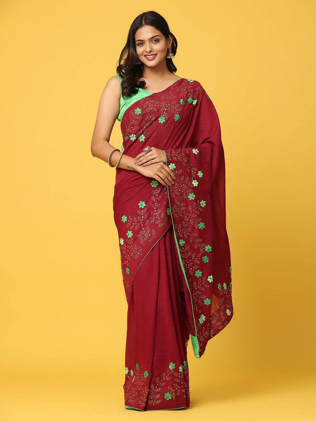 

PATLIPALLU Embellished Beads and Stones Saree, Burgundy