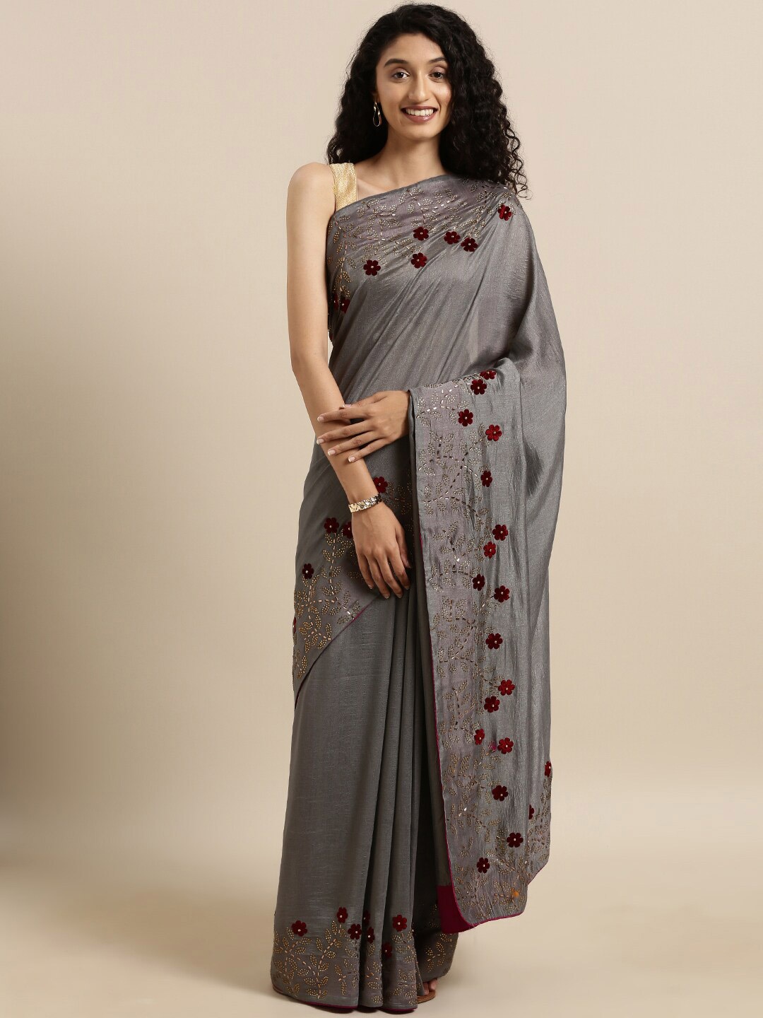 

PATLIPALLU Beads and Stones Saree, Grey