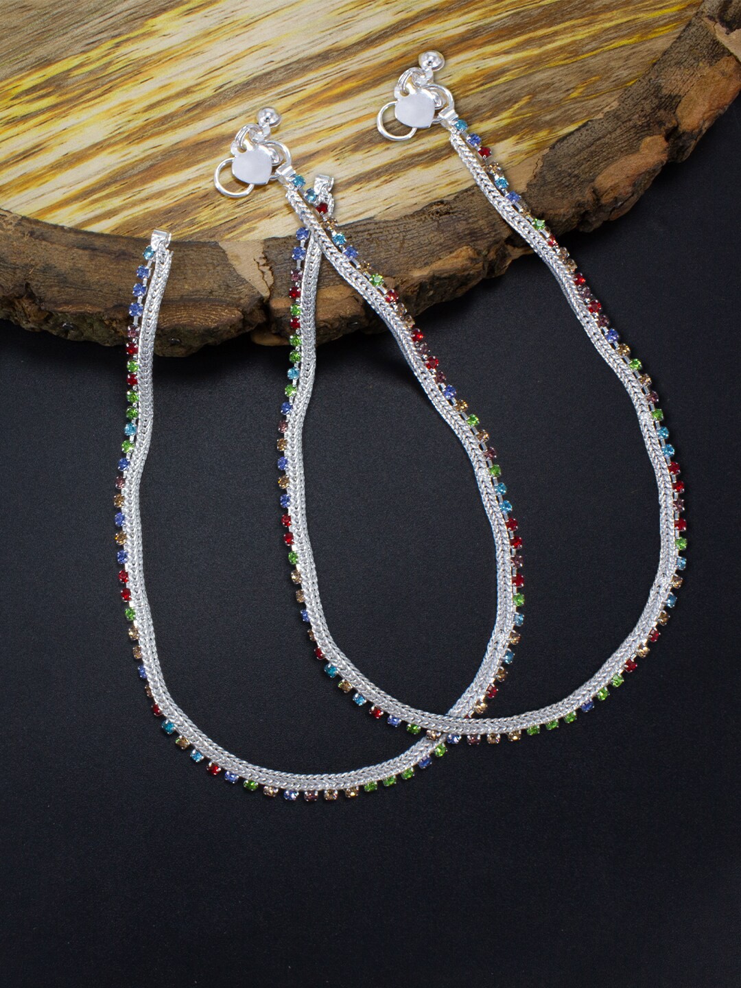 

PRIVIU Set Of 2 Silver-Plated Crystal-Studded Anklets