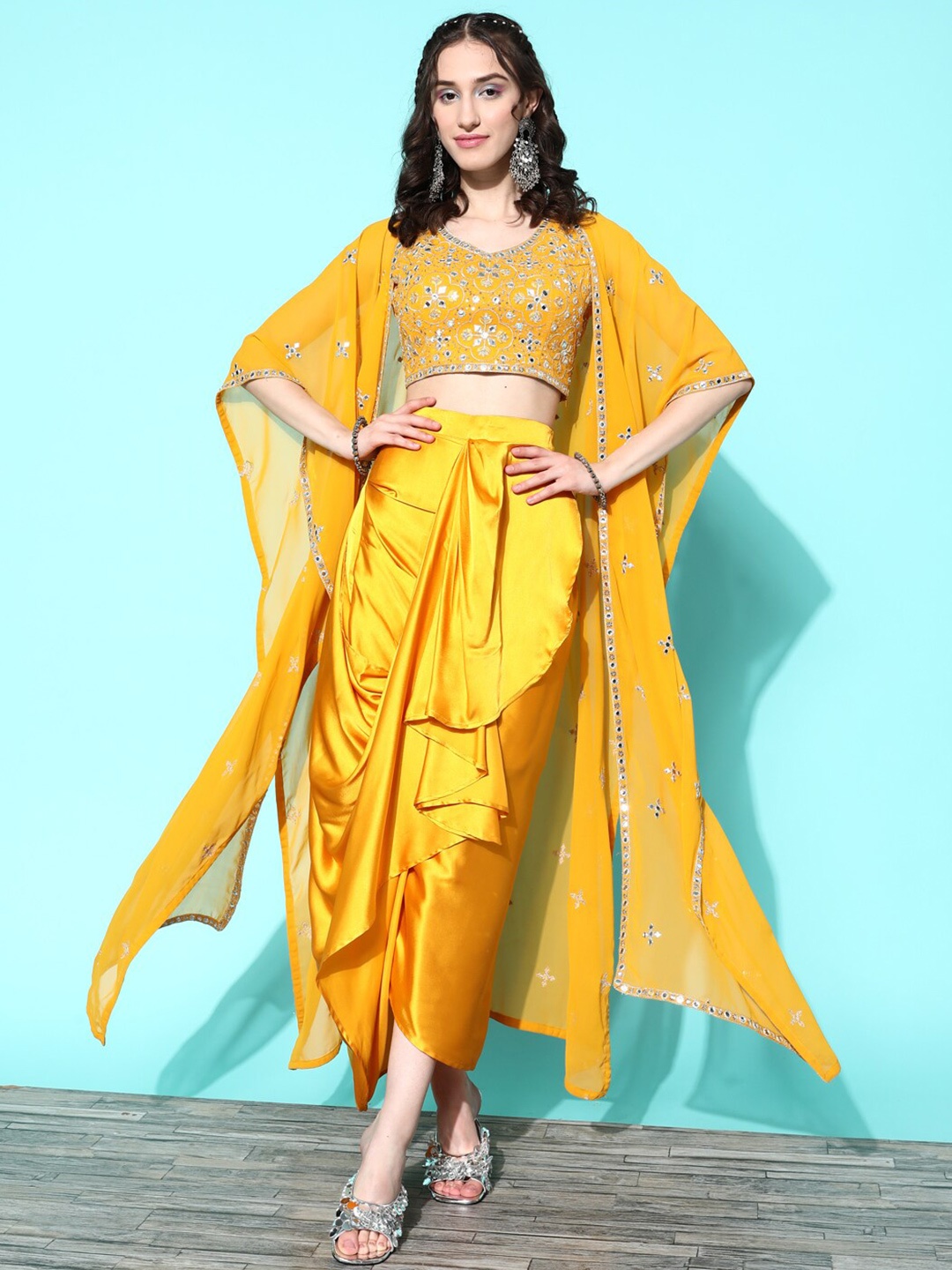 

Kvsfab Embroidered Top & Skirt With Shrug, Yellow