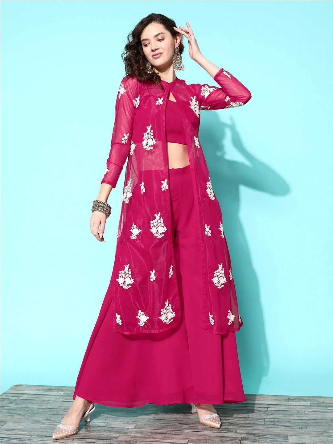 

Kvsfab Georgette Top & Palazzos with Embroidered Shrug, Pink