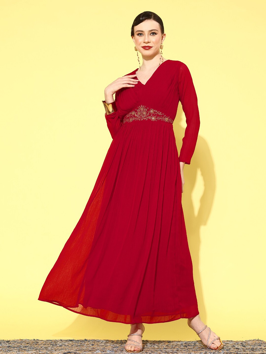 

Kvsfab Ethnic Motifs Embroidered Georgette Maxi Dress, Red