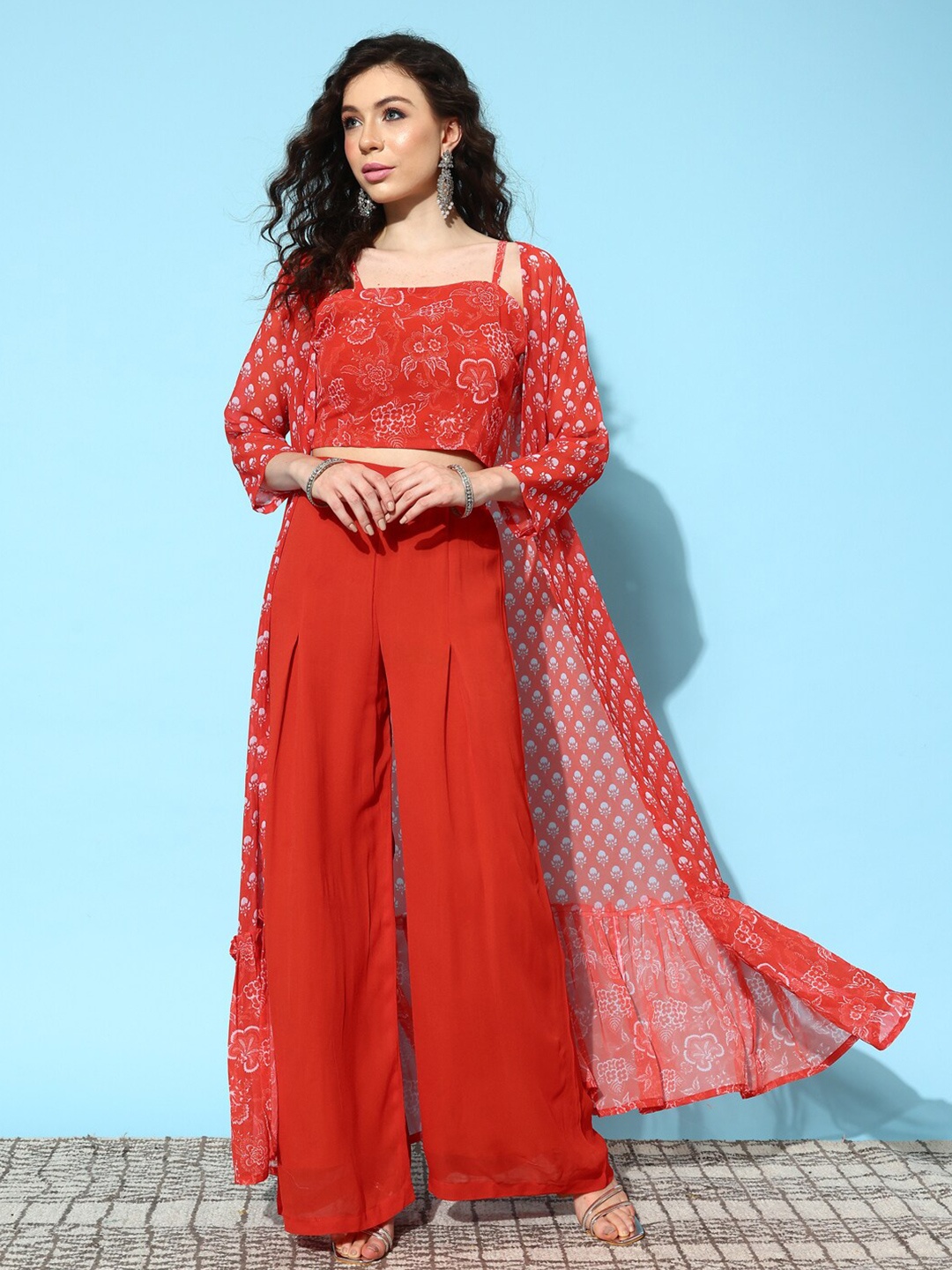 

Kvsfab Floral Printed Georgette Crop Top With Trouser & Shrug, Rust