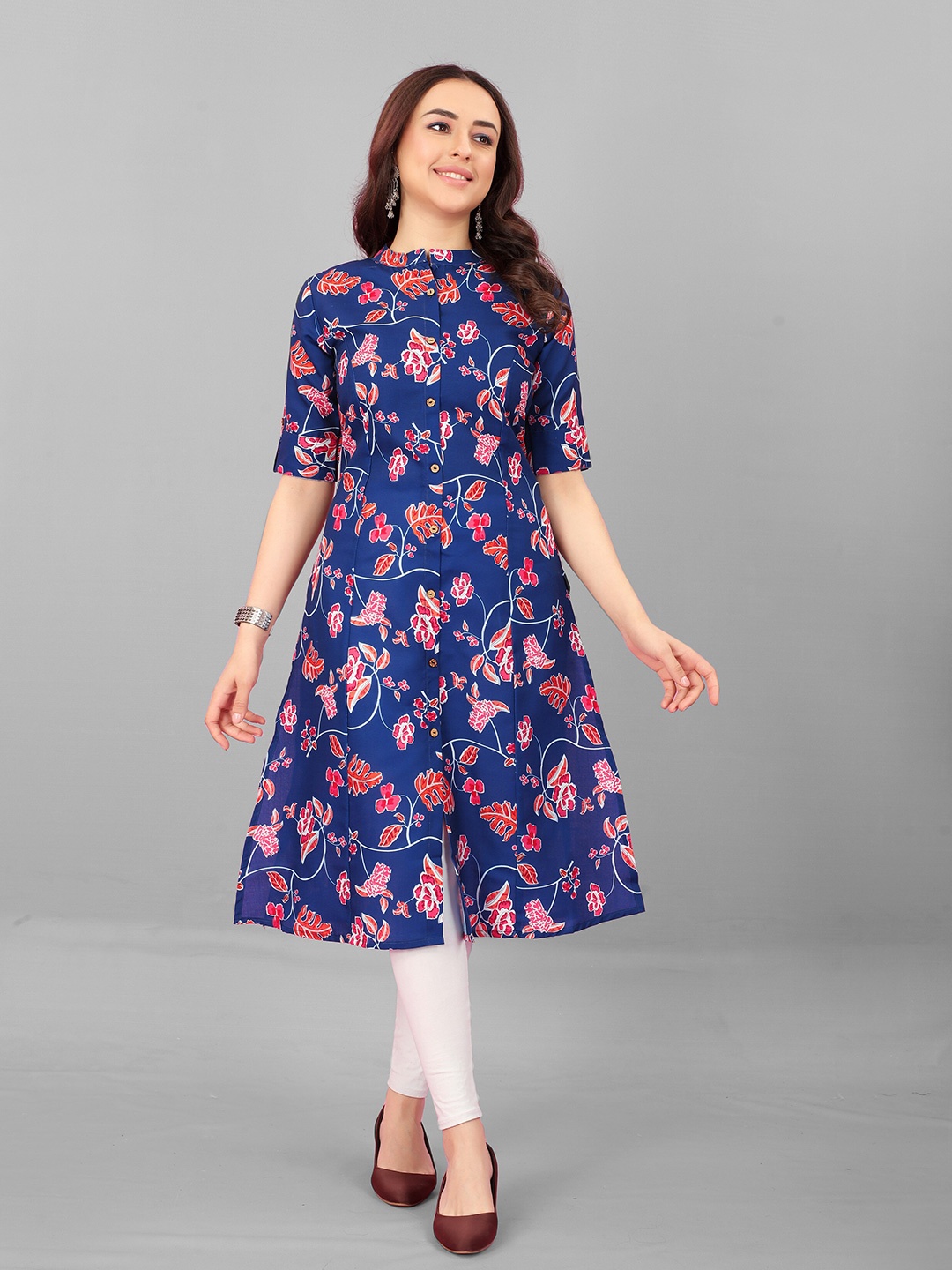 

Yara Creation Floral Printed Mandarin Collar Roll-Up Sleeves Cotton A-Line Kurta, Blue