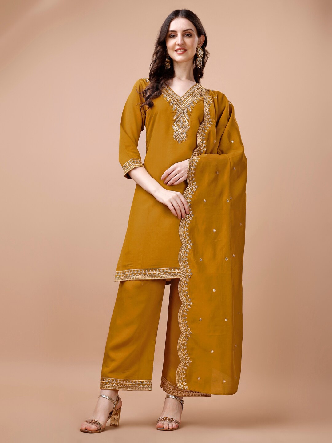 

KALINI Ethnic Motifs Yoke Design Sequined Kurta with Palazzos & Dupatta, Mustard