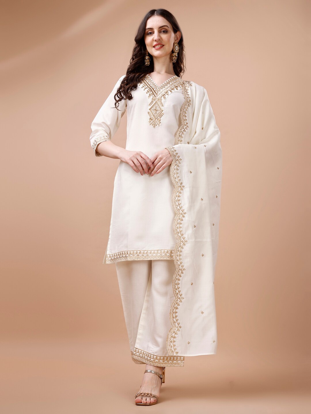 

KALINI Floral Yoke Design V-Neck Thread Work Kurta with Palazzos & Dupatta, White