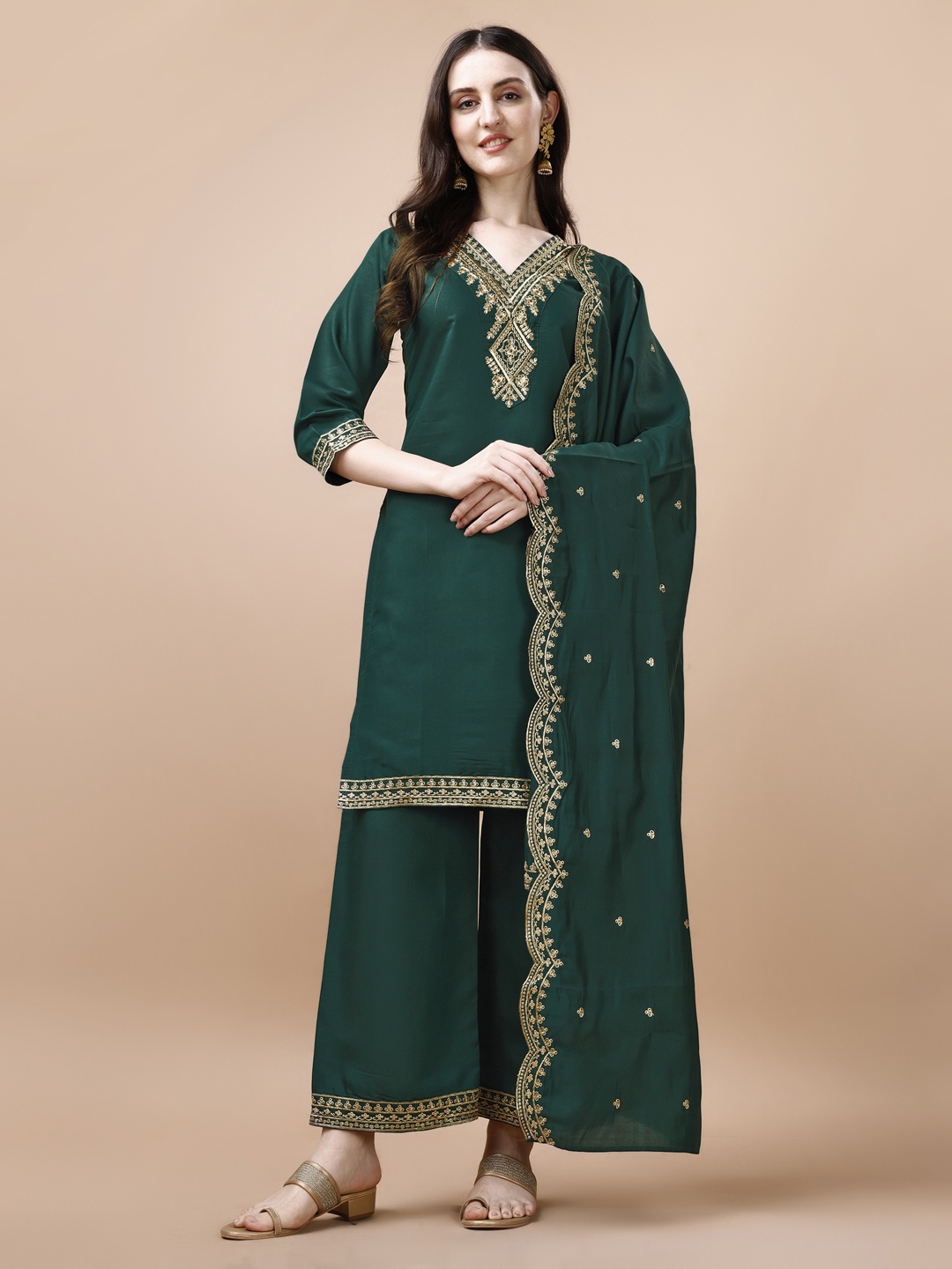 

KALINI Ethnic Motifs Yoke Design Thread Work Kurta & Palazzos With Dupatta, Green