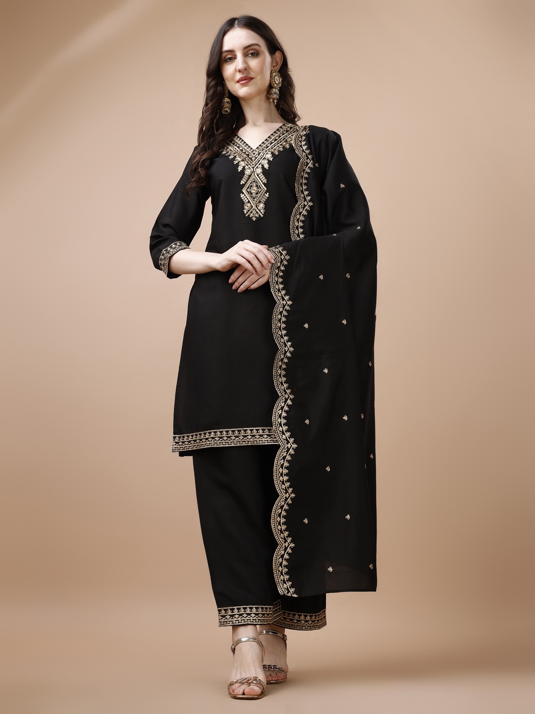

KALINI Ethnic Motifs Embroidered V-Neck Kurta with Palazzos & Dupatta, Black