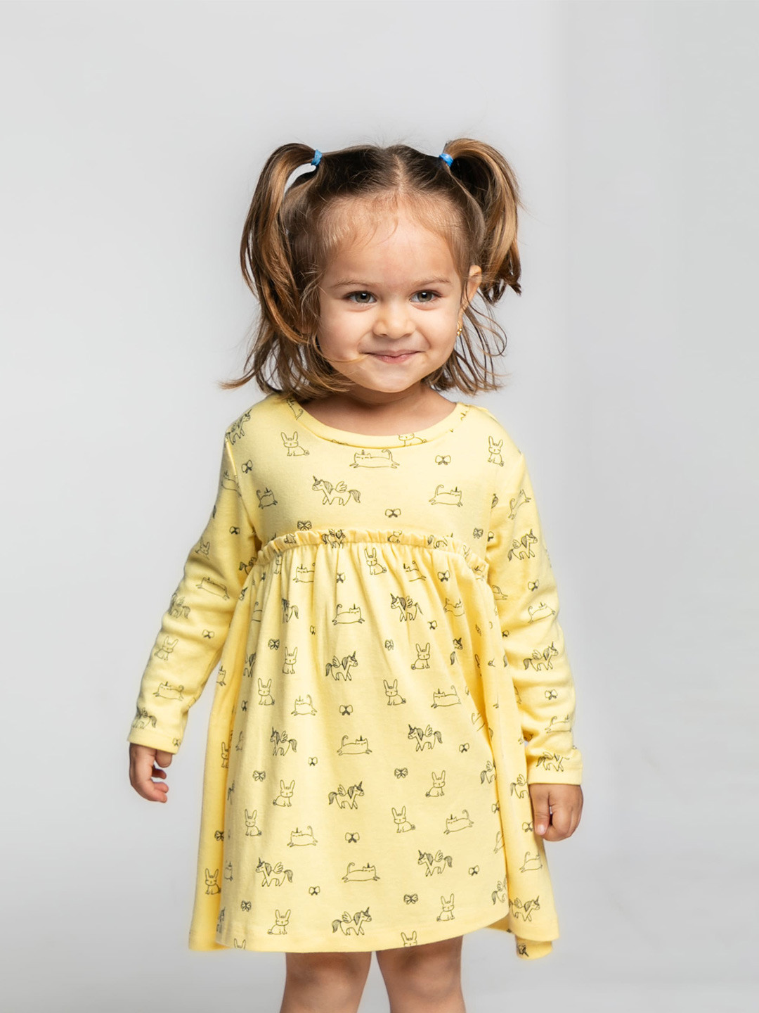 

BAESD Girls Conversational Printed Round Neck Long Sleeves Cotton A-Line Dress, Yellow