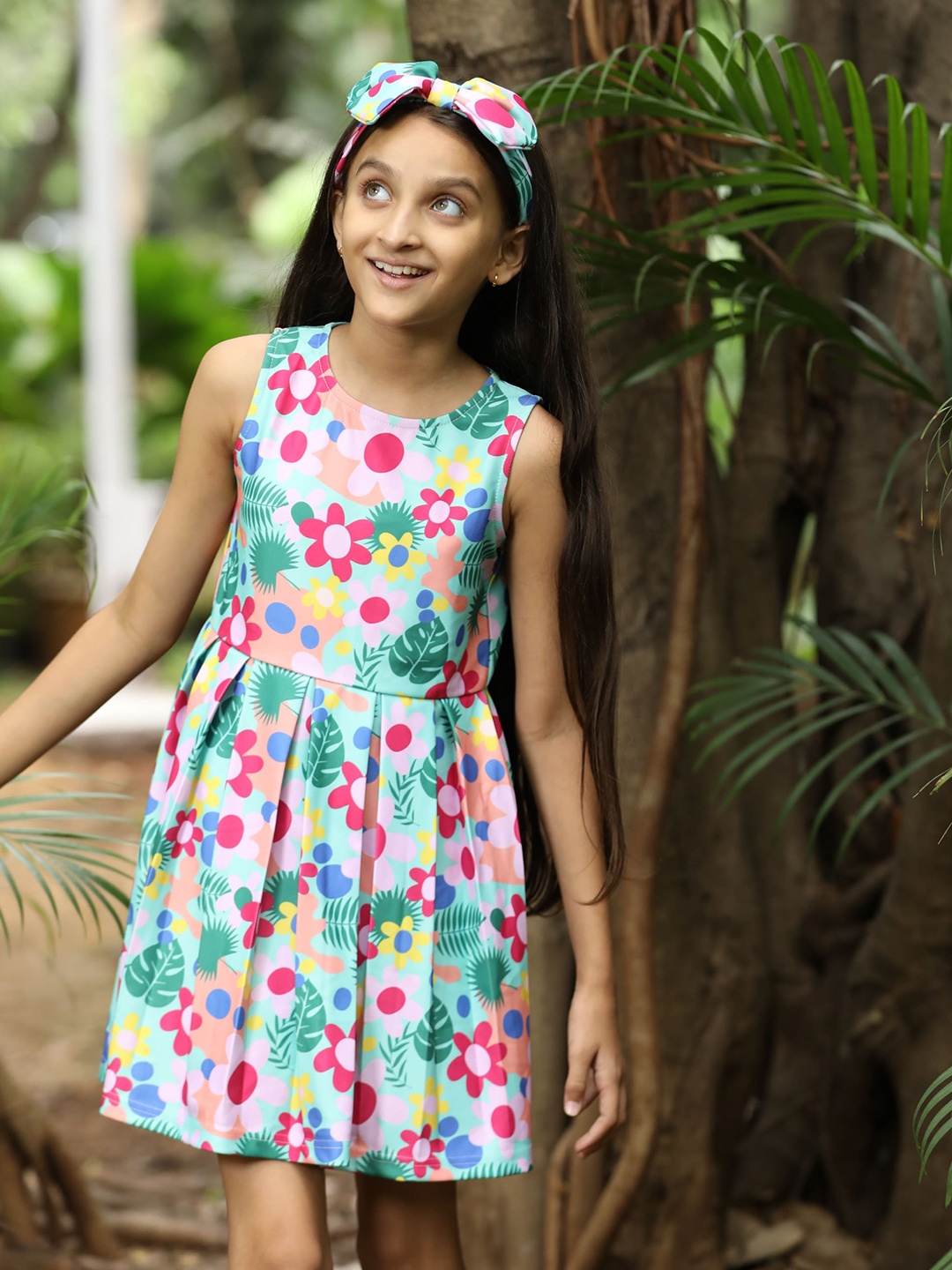 

BAESD Girls Floral Print Round Neck Sleeveless Pleated A-Line Knee Length Dress, Green