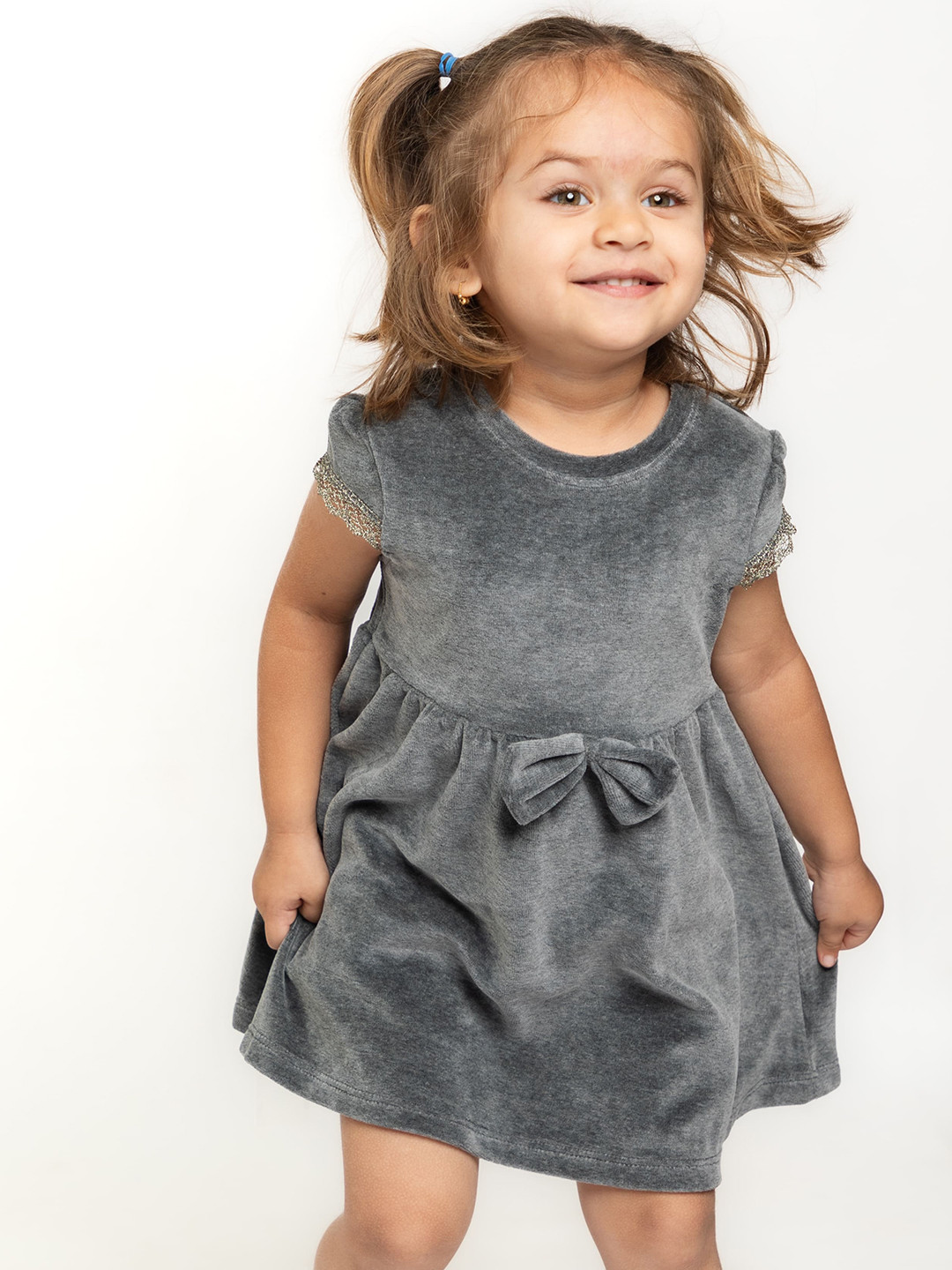 

BAESD Girls Round Neck Short Sleeves Bow Fit & Flare Mini Dress, Grey