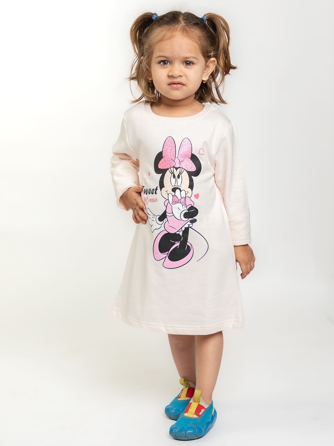 

BAESD Girls Graphic Print Applique Round Neck Full Sleeves Cotton Sheath Knee Length Dress, Cream