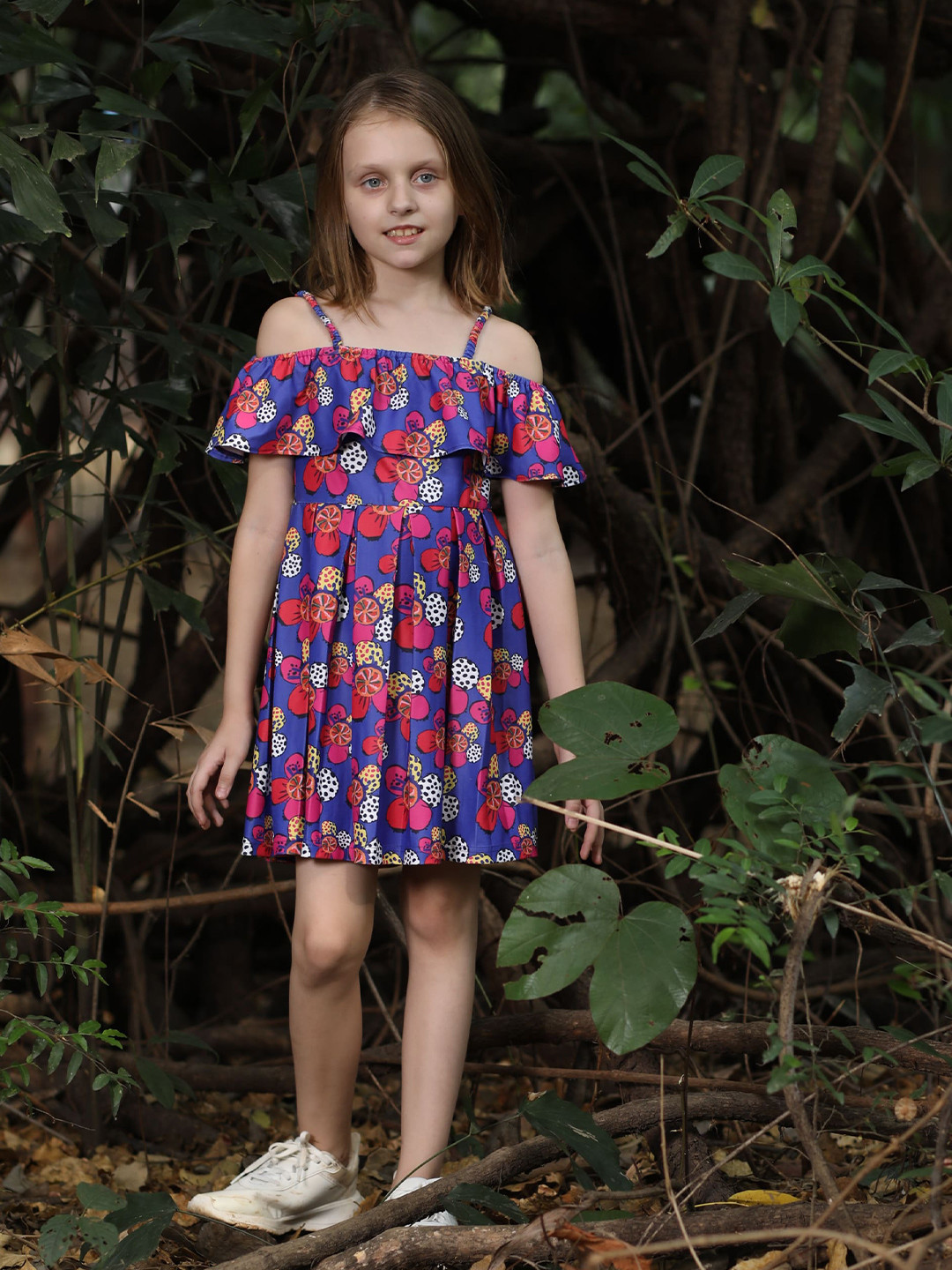 

BAESD Girls Floral Printed Shoulder Straps Cold-Shoulder Fit & Flare Dress, Navy blue