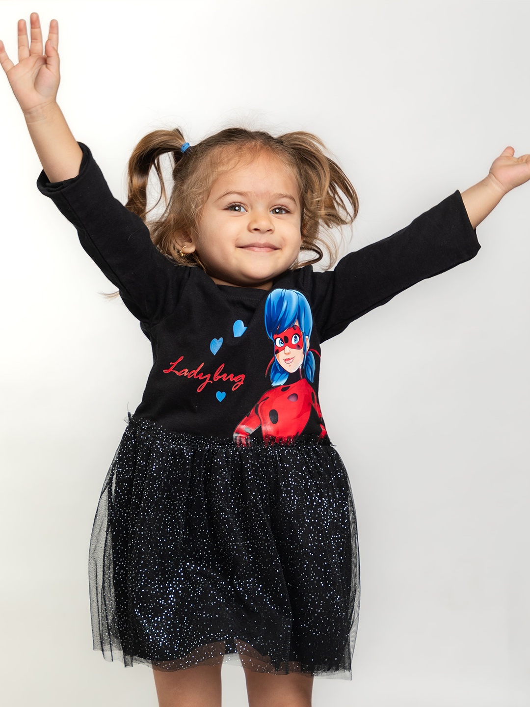 

BAESD Girls Lady Bug Printed Round Neck Long Sleeves Cotton Fit & Flare Dress, Black
