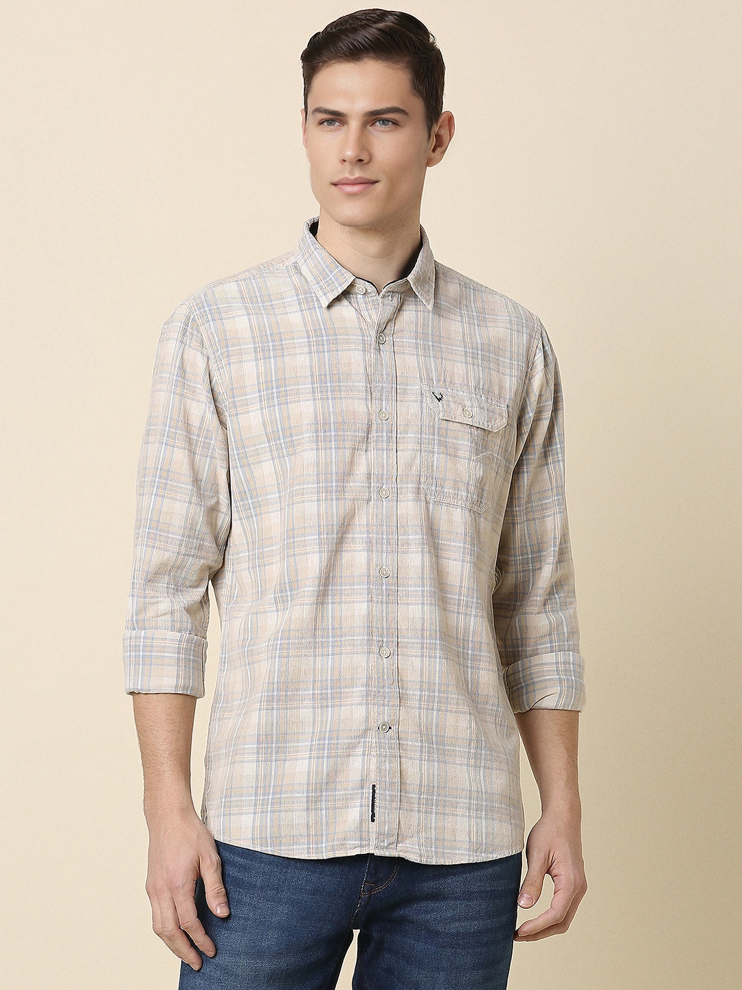 

Allen Solly Tartan Checks Printed Spread Collar Full Sleeves Cotton Casual Shirt, Beige