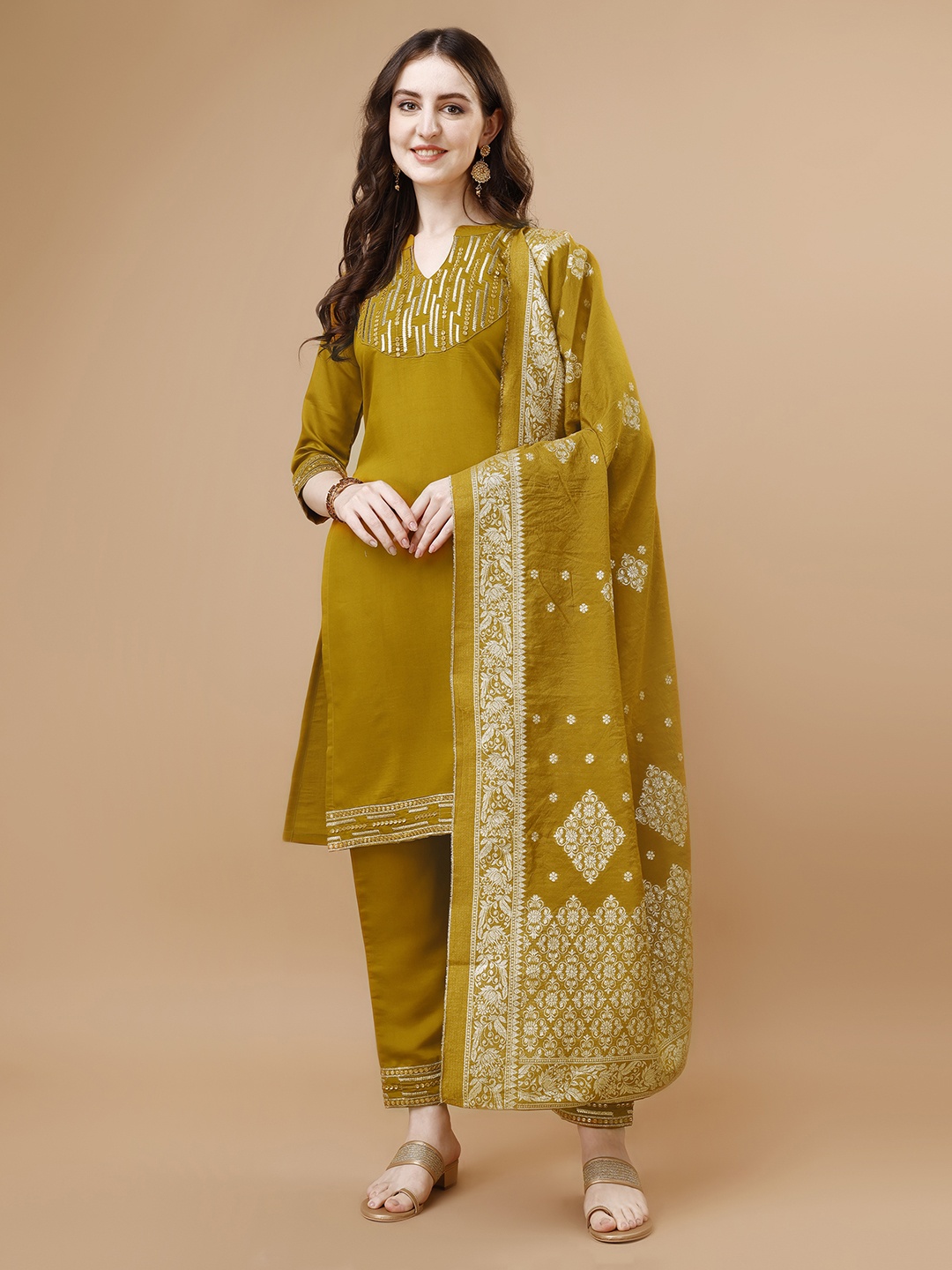 

KALINI Ethnic Motifs Yoke Design Kurta & Trousers With Dupatta, Yellow
