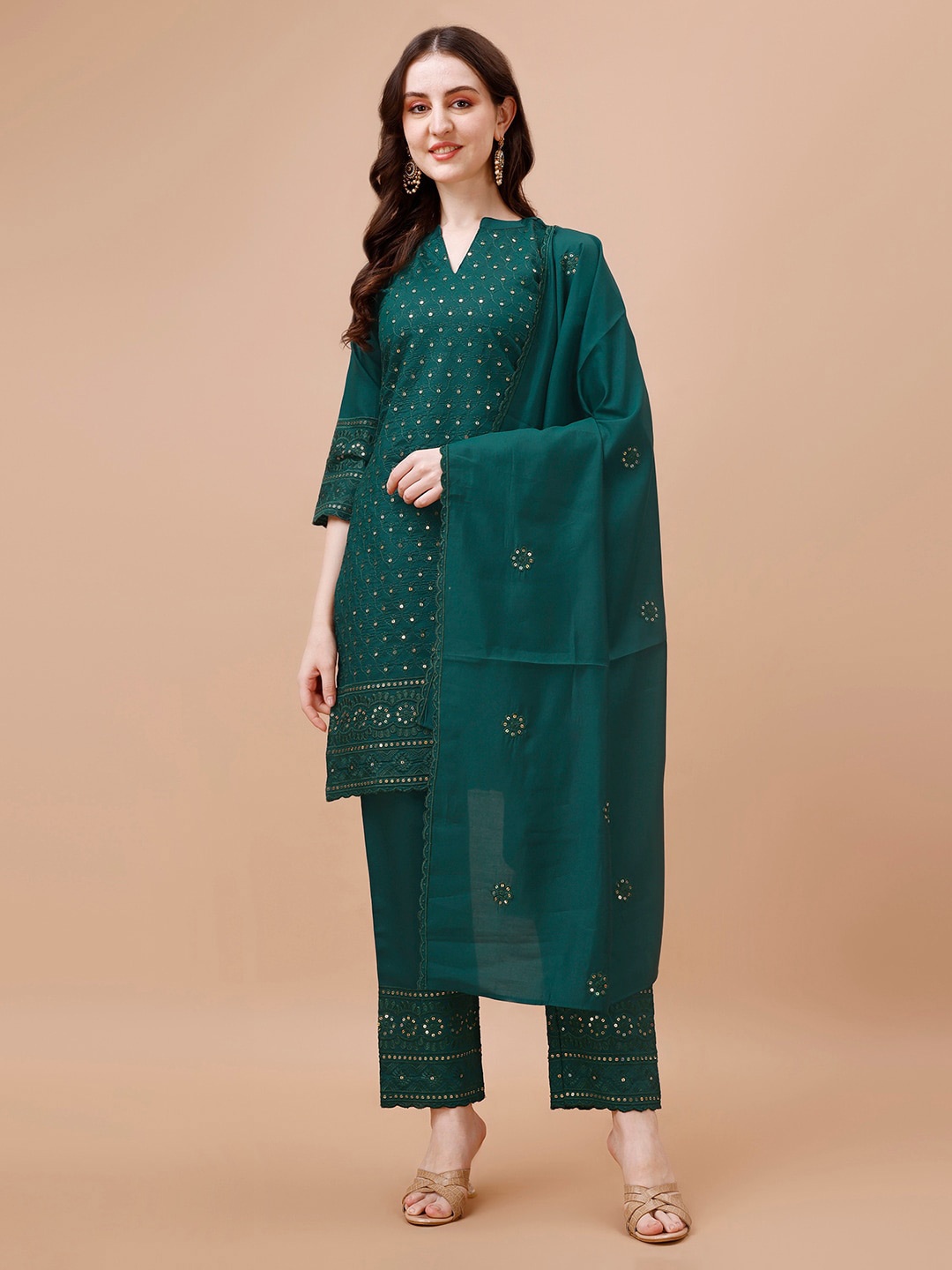 

KALINI Ethnic Motifs Embroidered Straight Kurta With Palazzos & Dupatta, Green