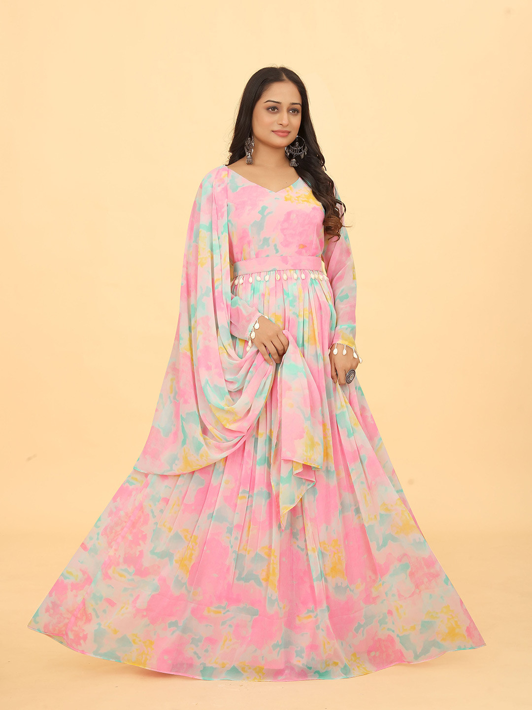 

CHANSI Abstract Printed Fit & Flare Maxi Ethnic Dress With Belt & Dupatta, Pink