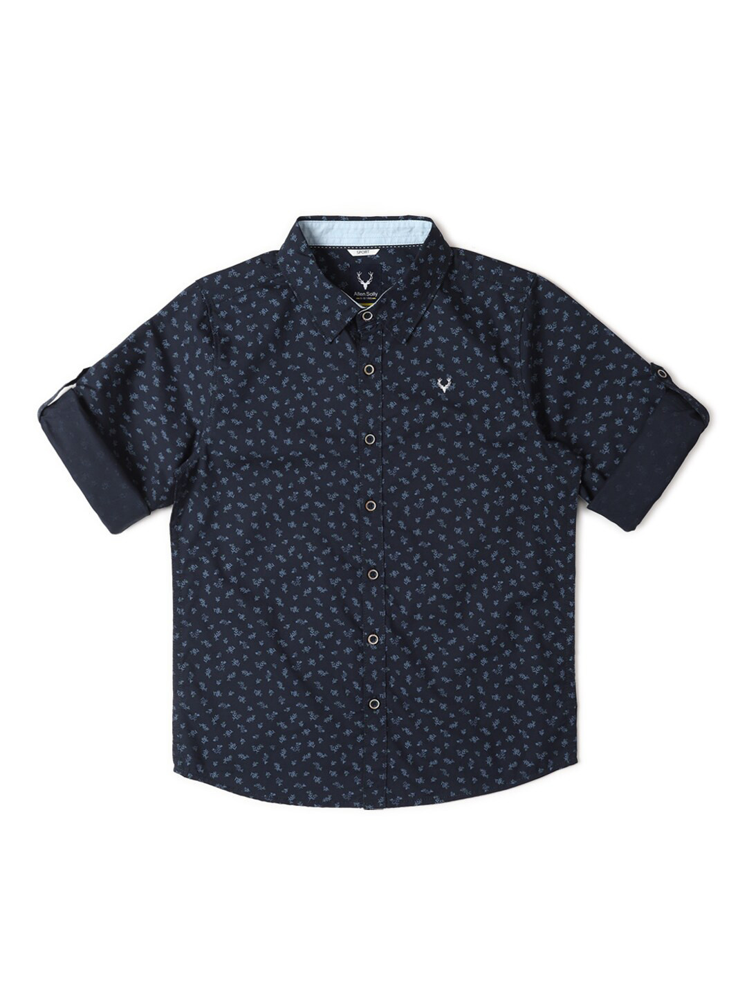 

Allen Solly Junior Boys Slim Fit Floral Printed Roll-Up Sleeves Casual Shirt, Navy blue