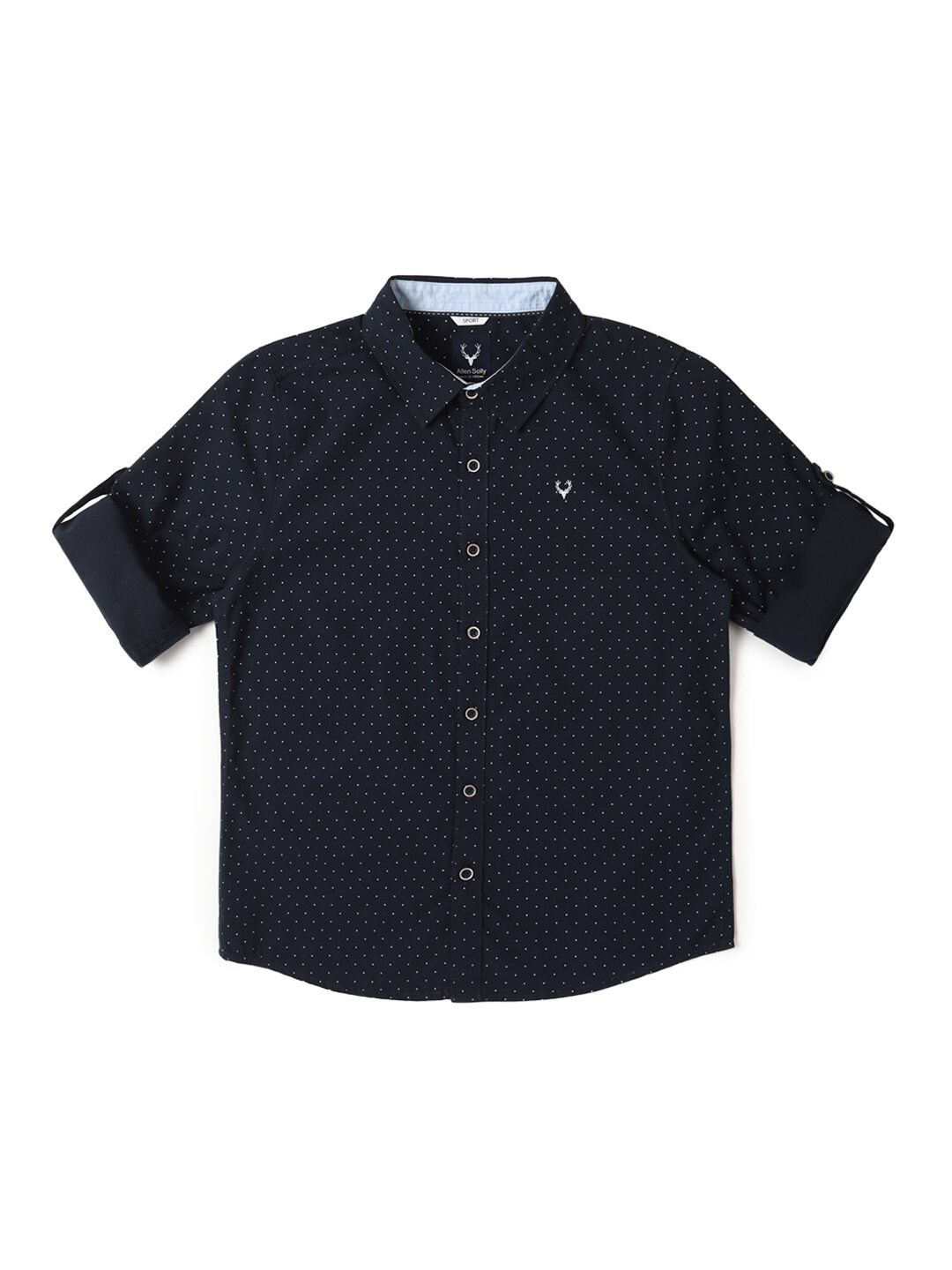 

Allen Solly Junior Boys Slim Fit Micro Ditsy Printed Roll-Up Sleeves Casual Shirt, Navy blue