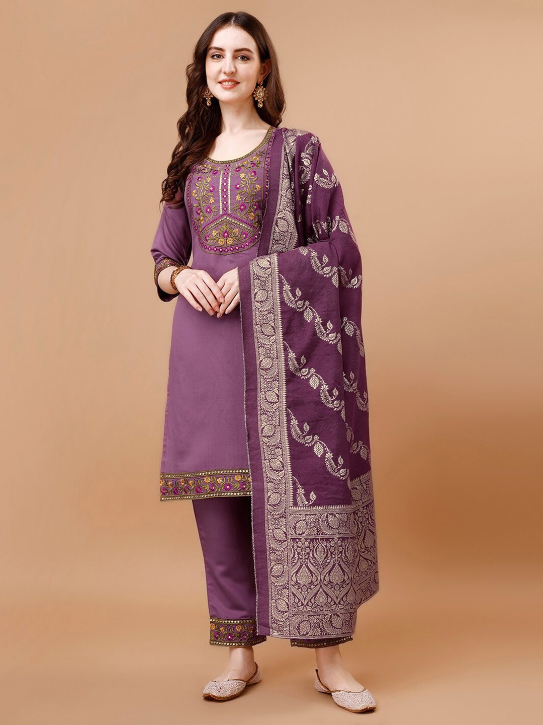 

KALINI Ethnic Motifs Yoke Design Thread Work Kurta With Trousers & Dupatta, Purple