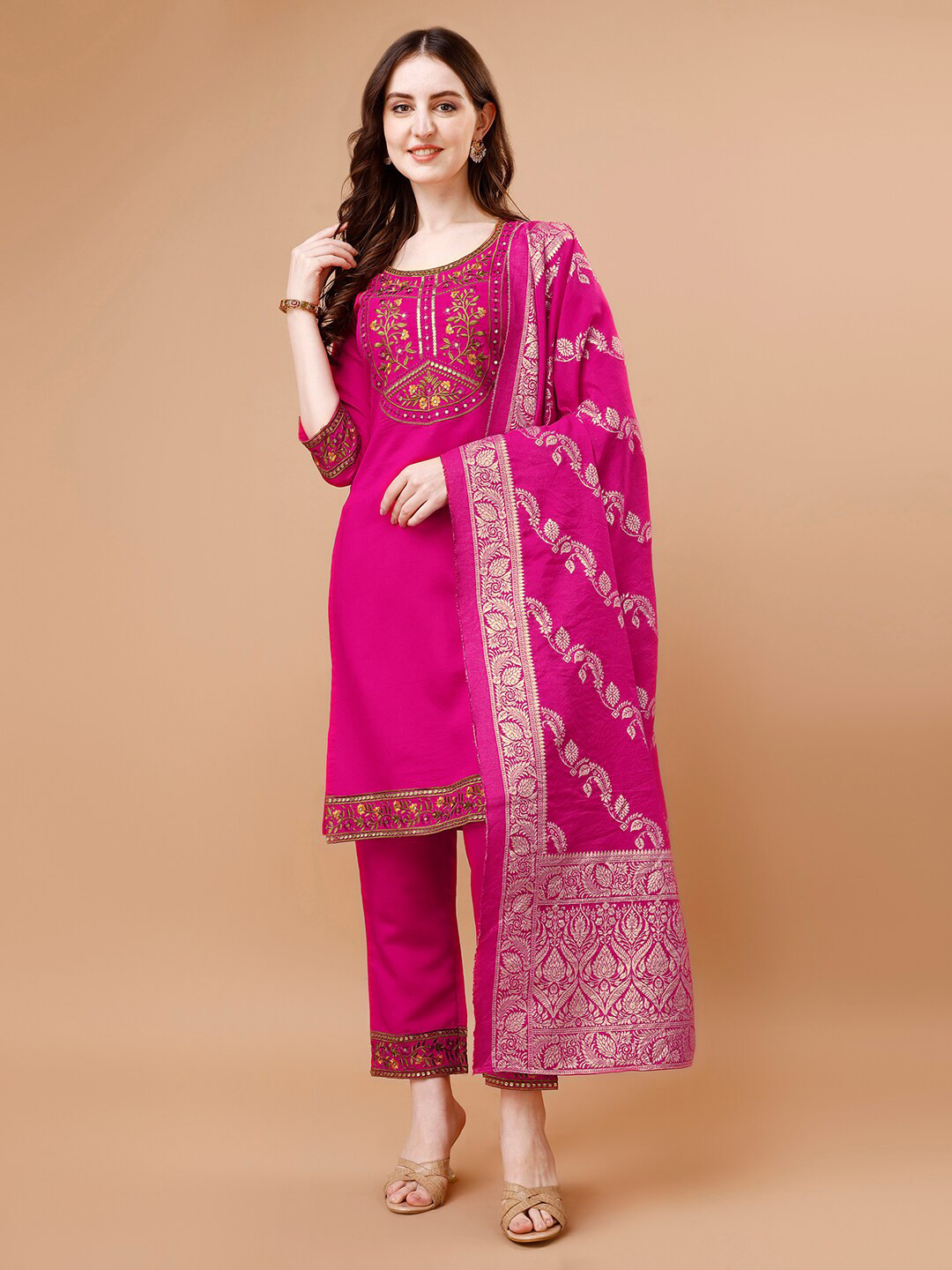 

KALINI Ethnic Motifs Embroidered Straight Kurta With Palazzos & Dupatta, Pink