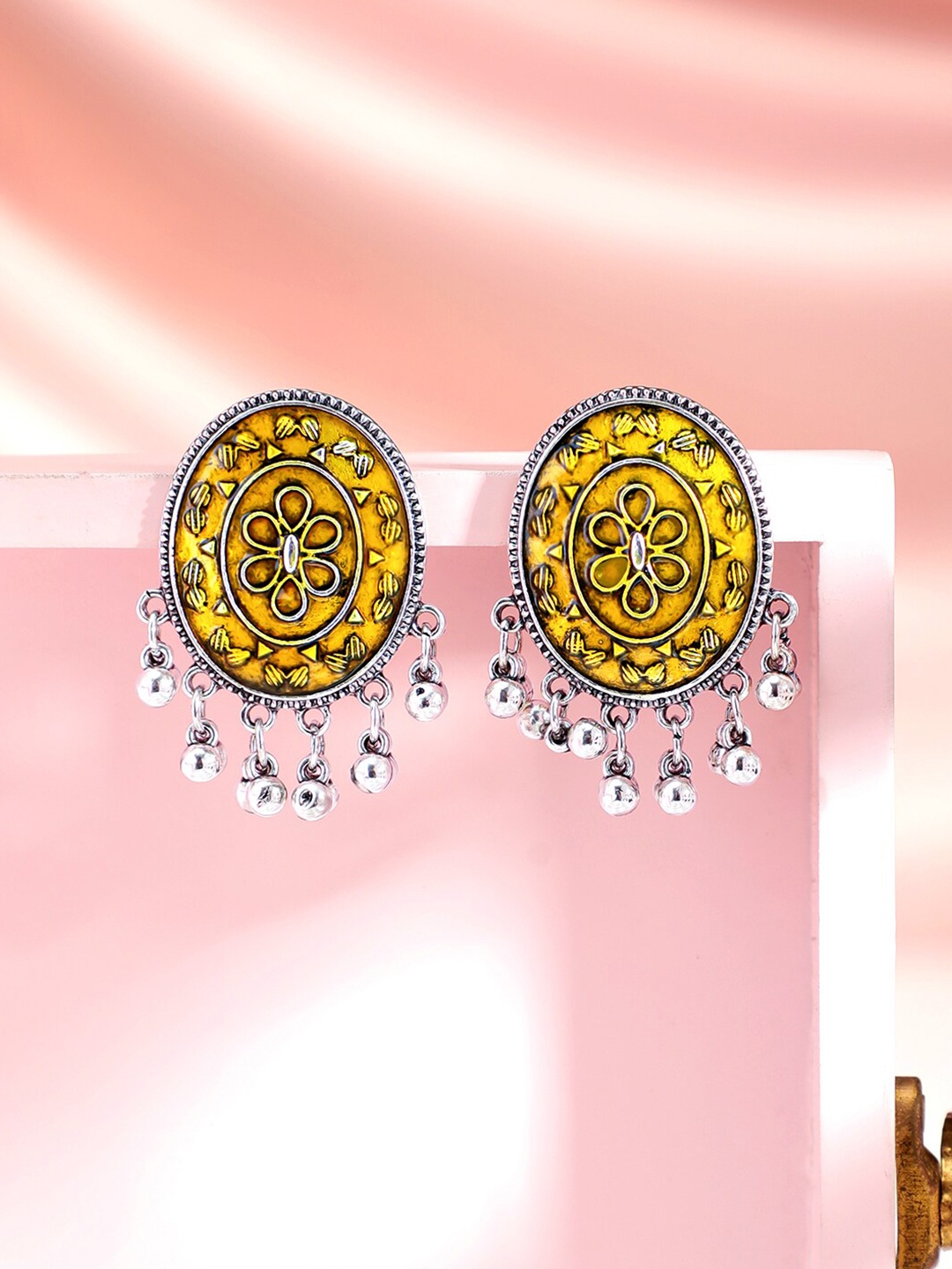 

Rubans Silver-Plated Oxidised Yellow Enamel Floral Stud Earrings with Ghungroo Beads