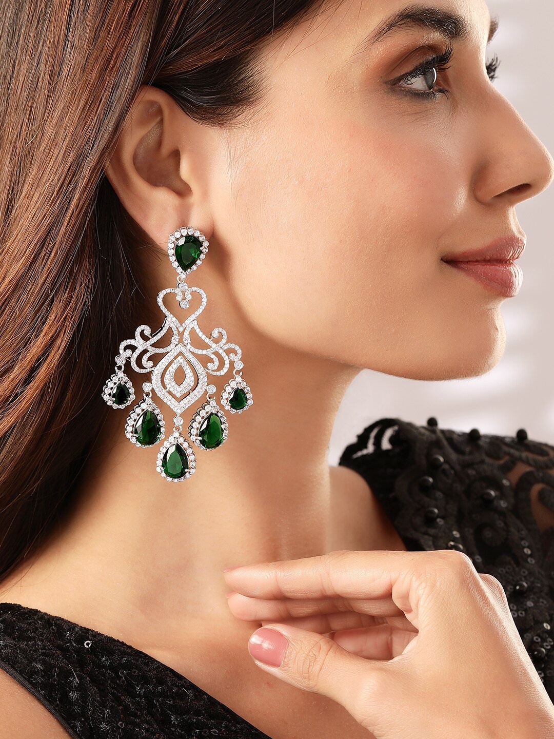 

Rubans Premium Rhodium Plated AAA Cubic Zirconia Emerald Studded Chandelier Earrings, Silver