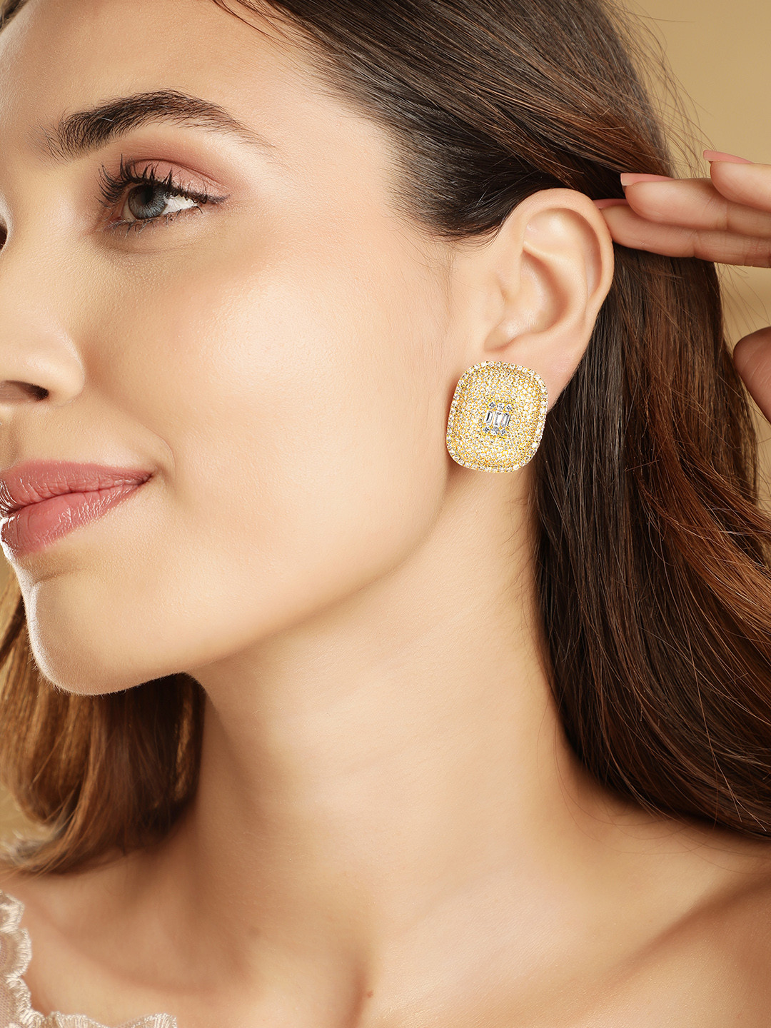 

Rubans Premium 22K Gold Plated Pave AAA Cubic Zirconia Studded Stud Earrings