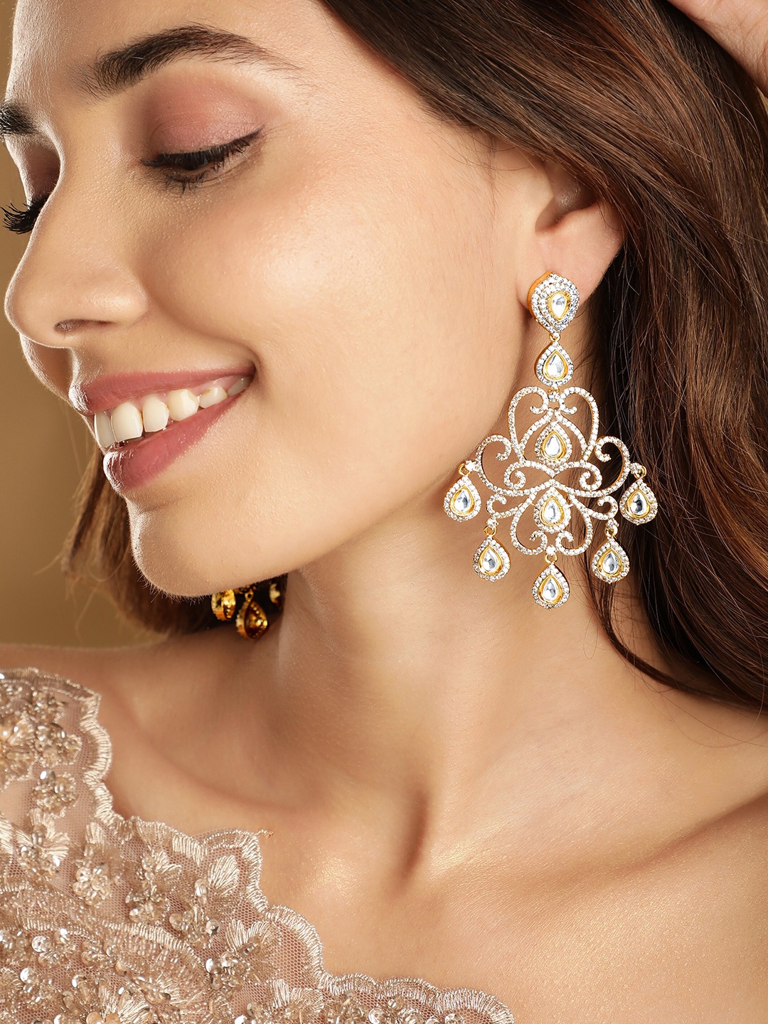 

Rubans Rhodium-Plated Cubic Zirconia Studded Contemporary Chandbalis, Gold