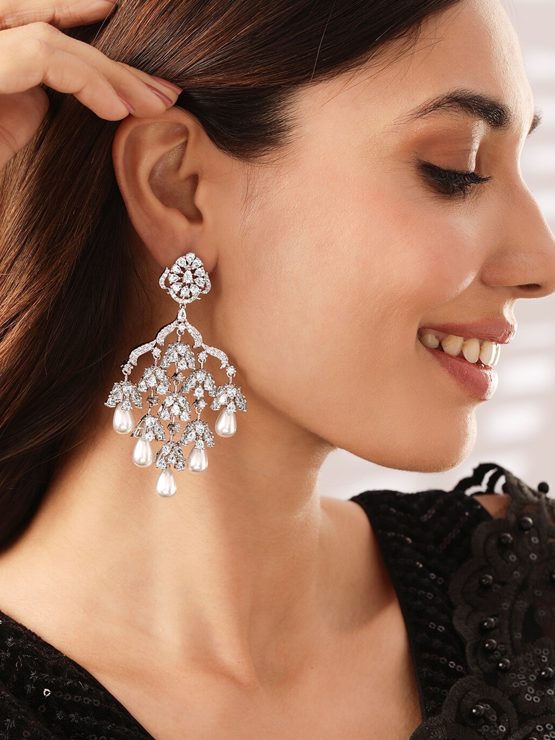 

Rubans Rhodium-Plated Cubic Zirconia-Studded Contemporary Drop Earrings, Silver