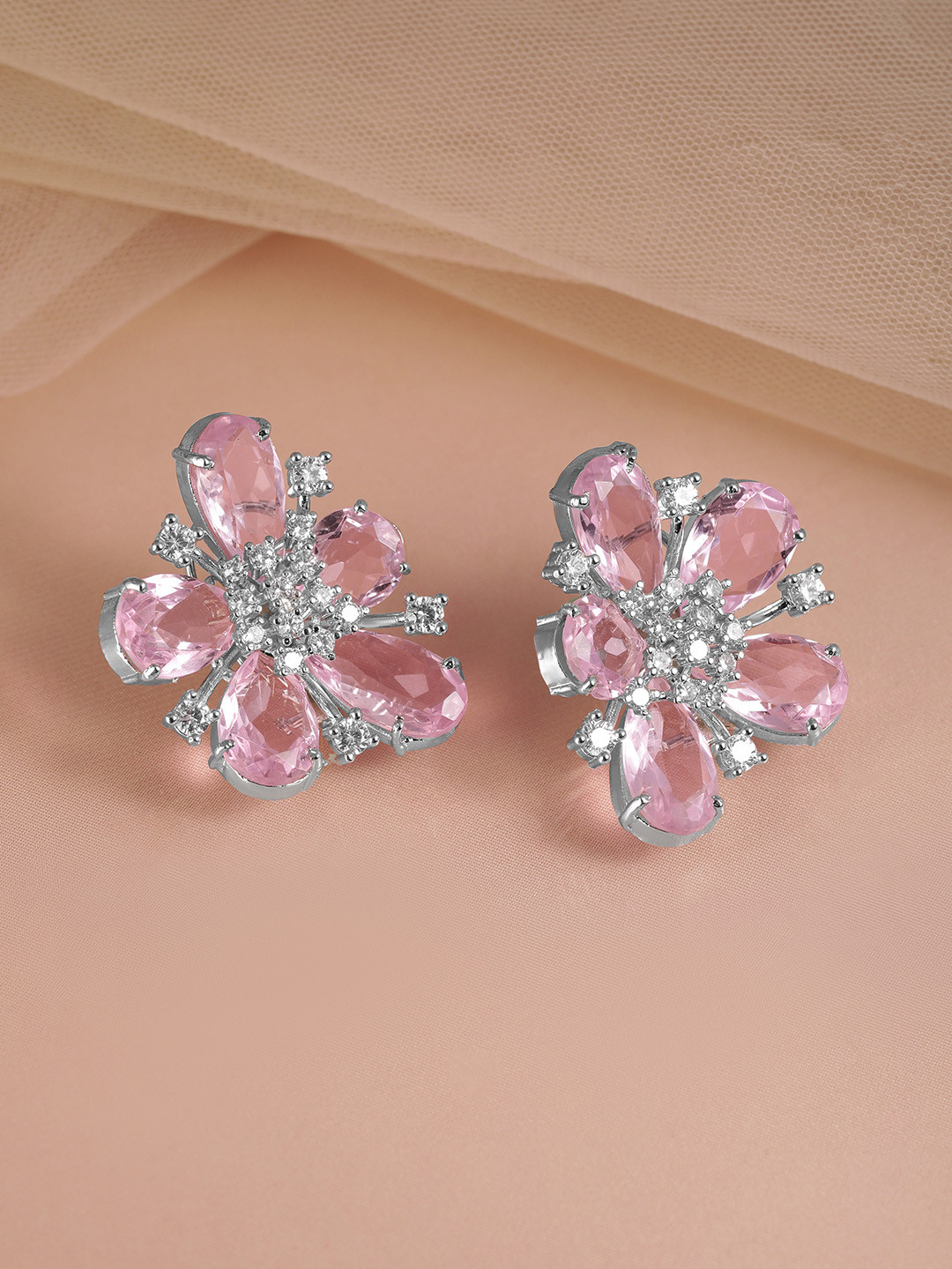

Rubans Rhodium Plated Pink Sapphire & AAA Cubic Zirconia Studded Floral Stud Earrings, Silver