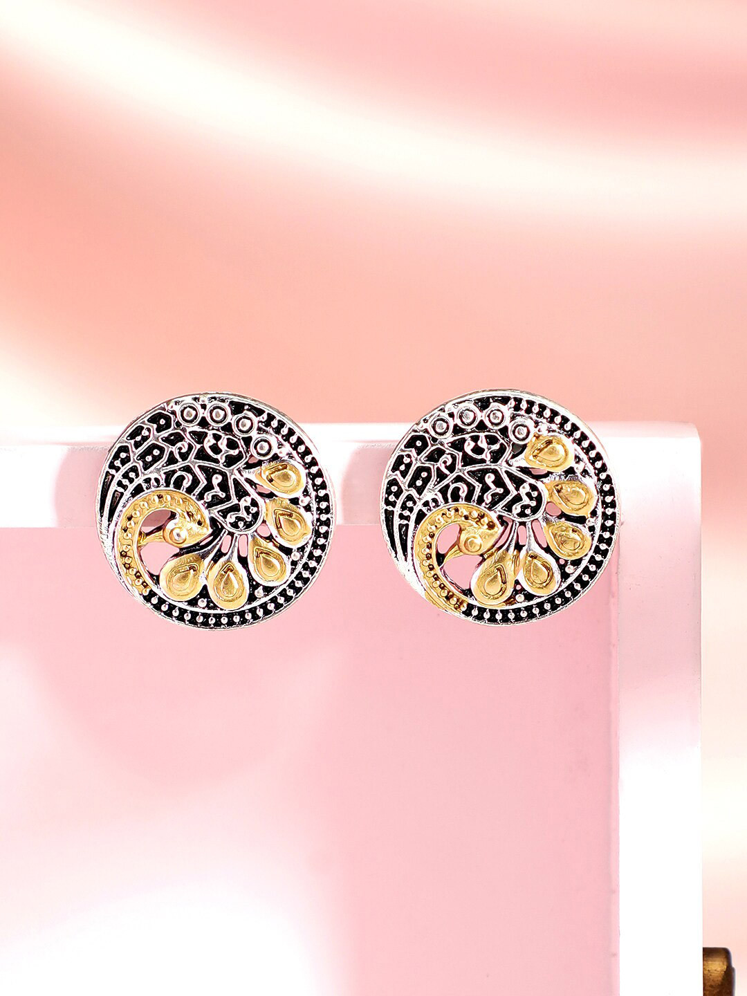 

Rubans Oxidised Silver Plated Dual Tone Gold & Silver Peacock Design Circular Stud Earrings