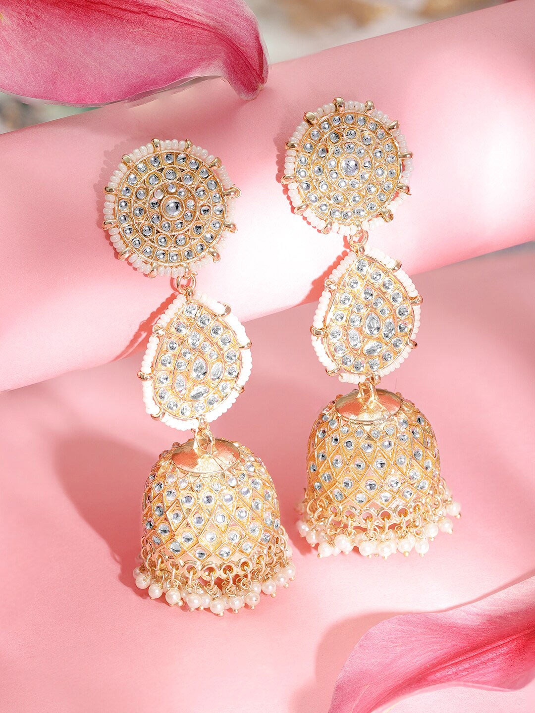 

Rubans 18K Gold-Plated Kundan-Studded & Pearl Beaded Contemporary Dome Jhumkas Earrings