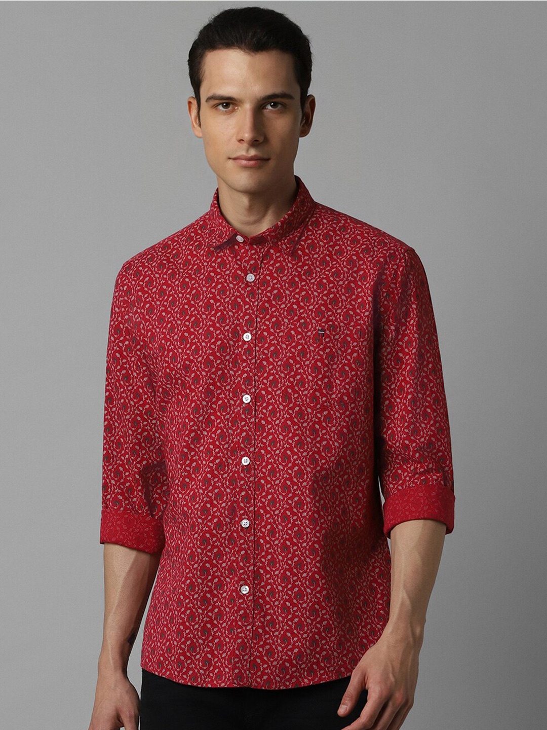 

Louis Philippe Jeans Slim Fit Floral Printed Cotton Linen Casual Shirt, Red