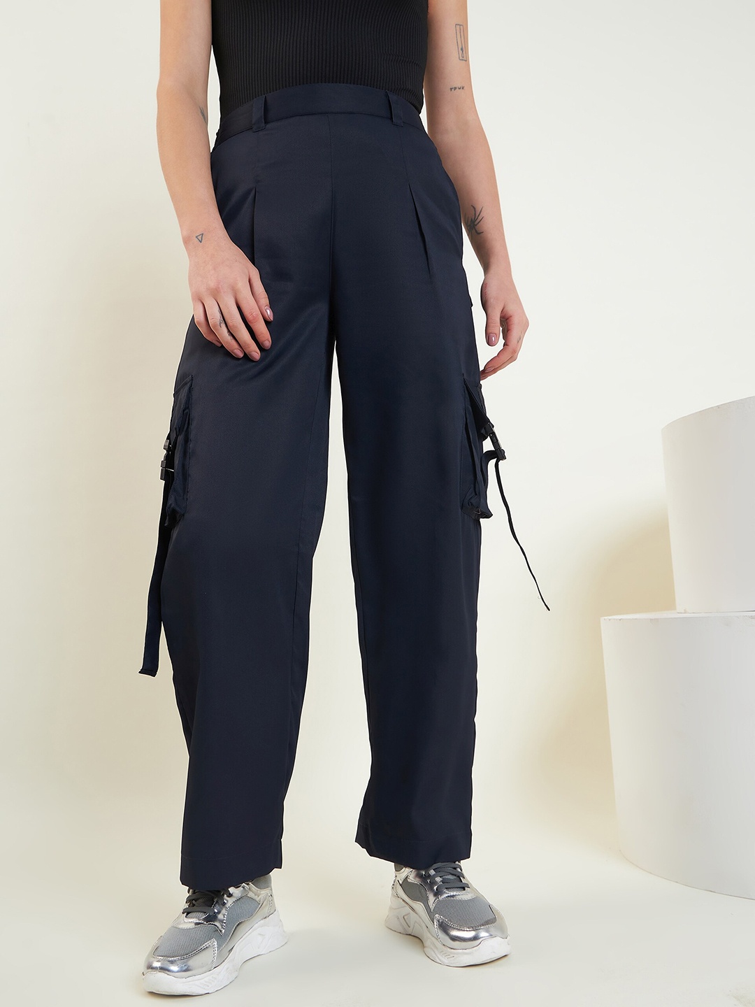 

Mast & Harbour Women Relaxed Fit Cotton Cargos, Blue