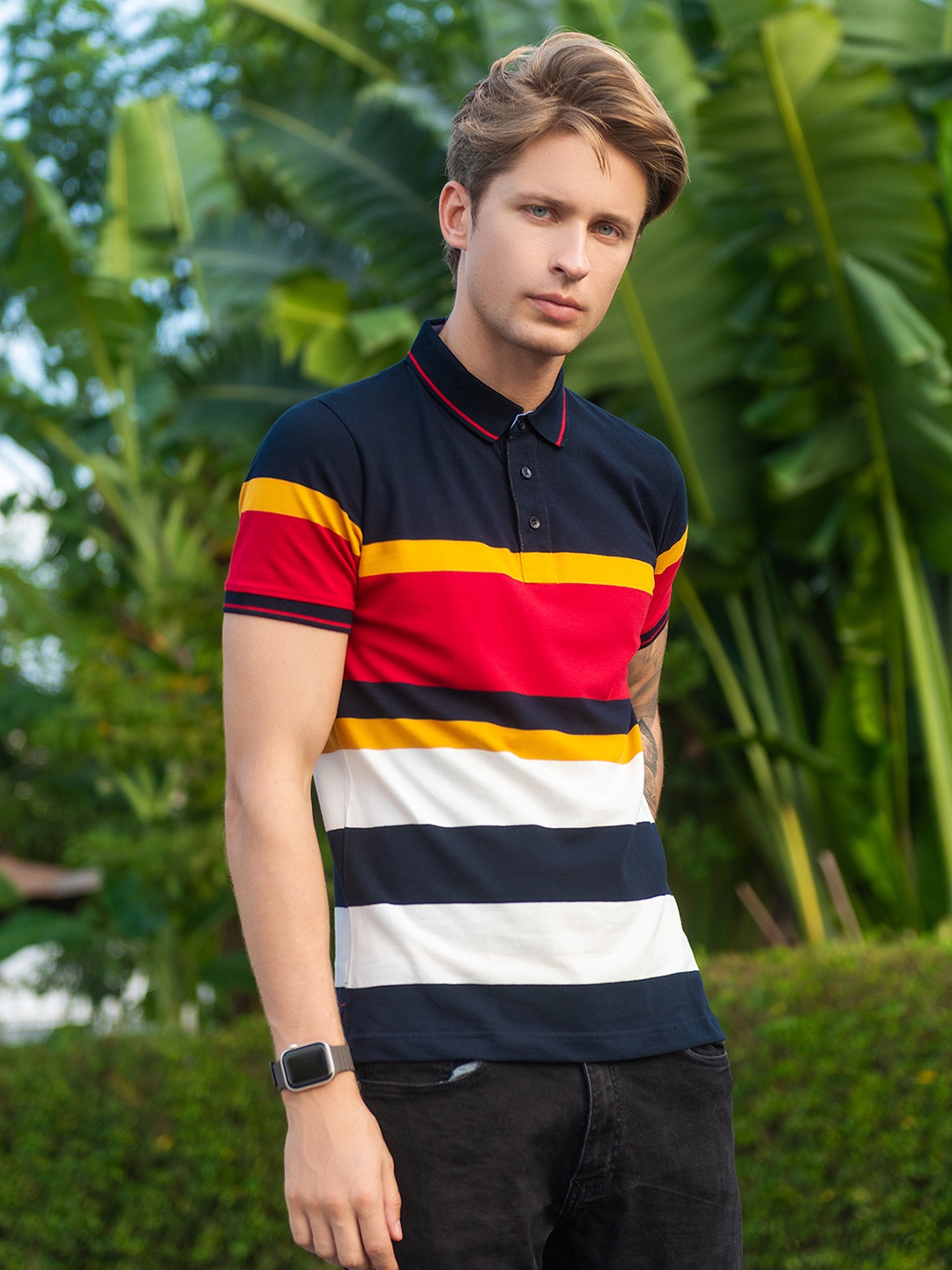 

KOFFY Striped Polo Collar Bio Finish Pure Cotton T-shirt, Black