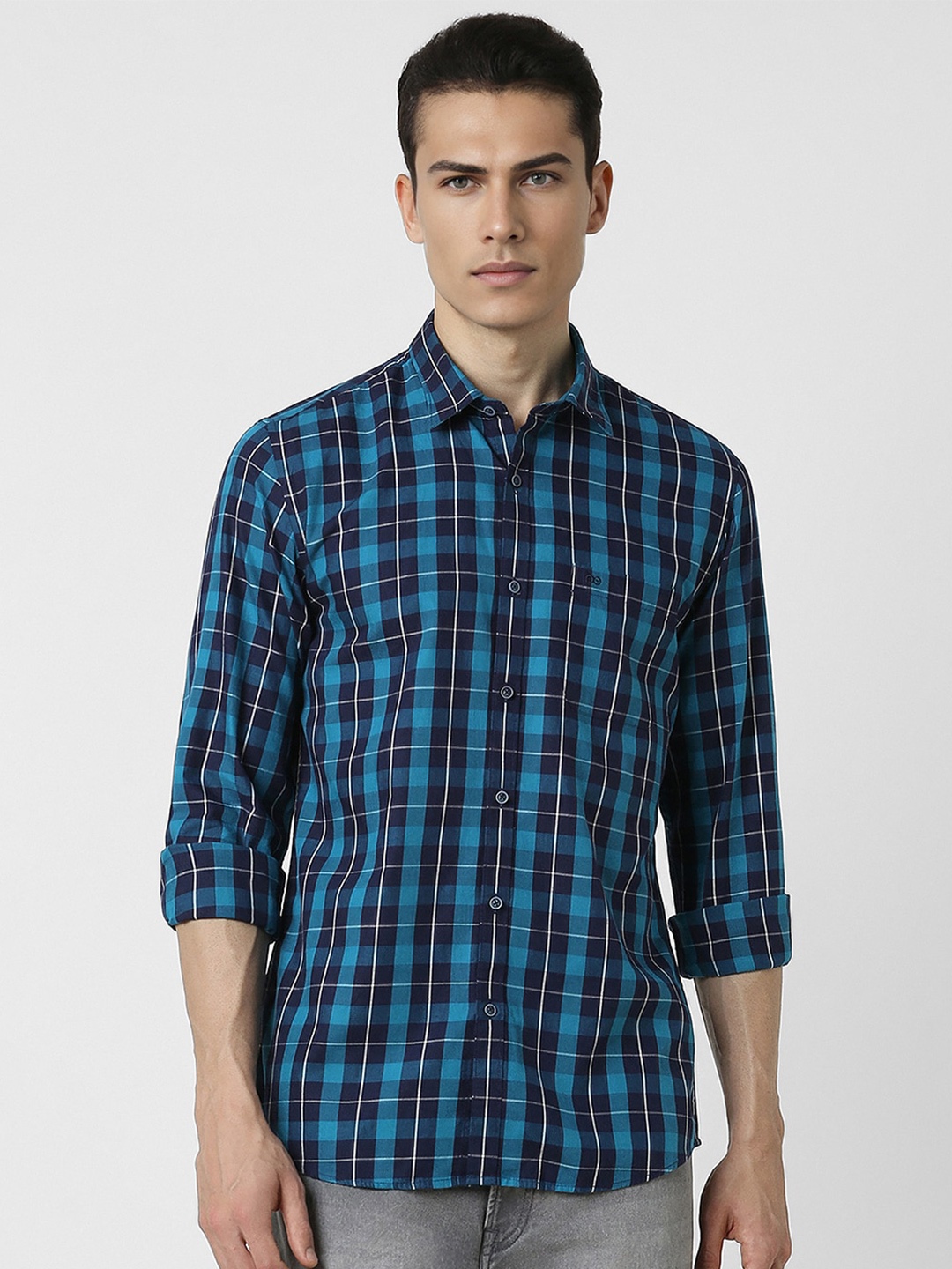 

Peter England Casuals Tartan Checked Slim Fit Pure Cotton Casual Shirt, Blue