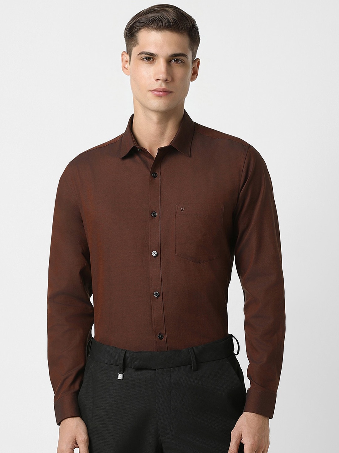 

V Dot Slim Fit Long Sleeves Pure Cotton Party Shirt, Brown