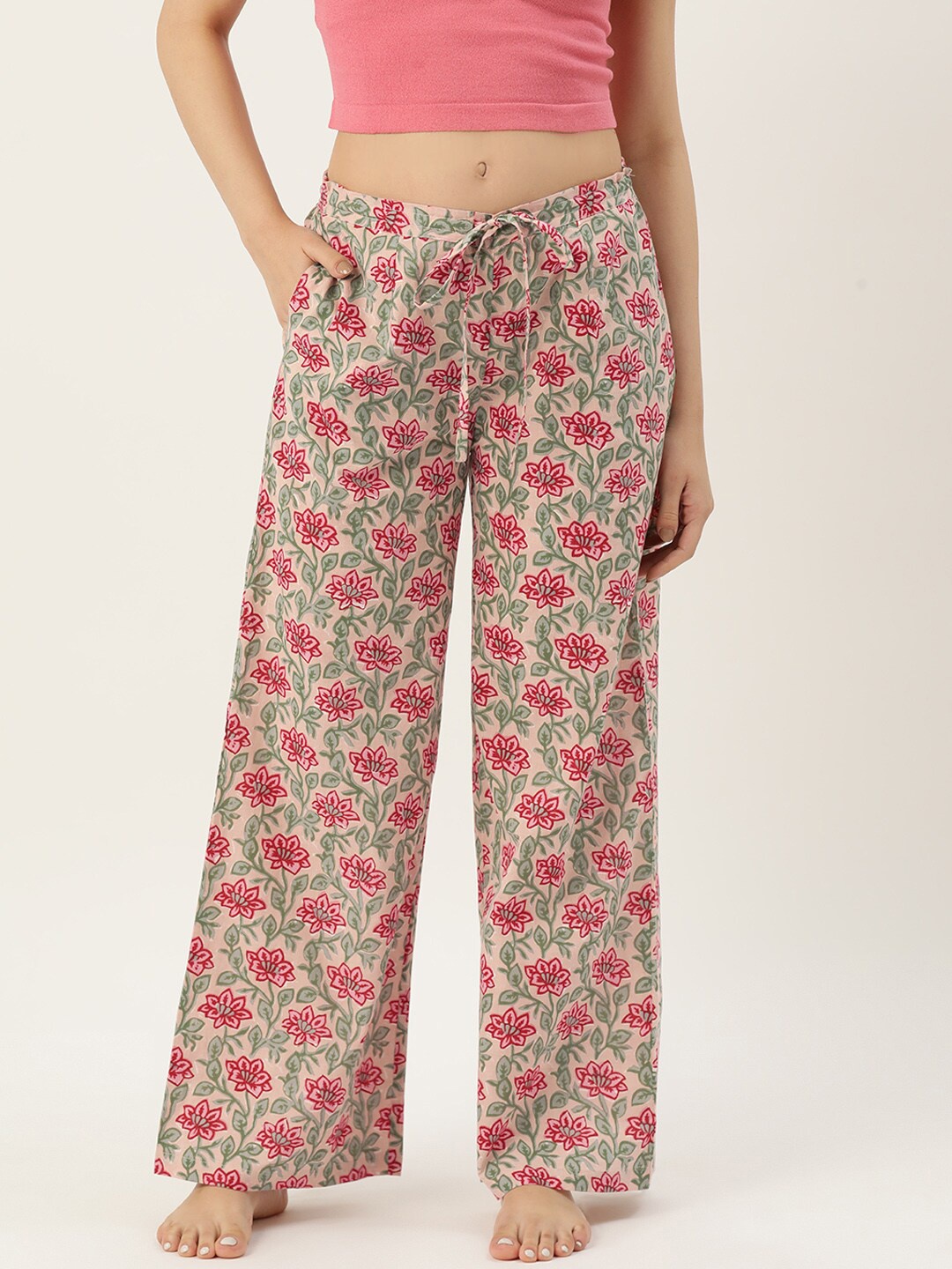 

Rue Collection Women Floral Printed Cotton Straight Lounge Pants, Peach