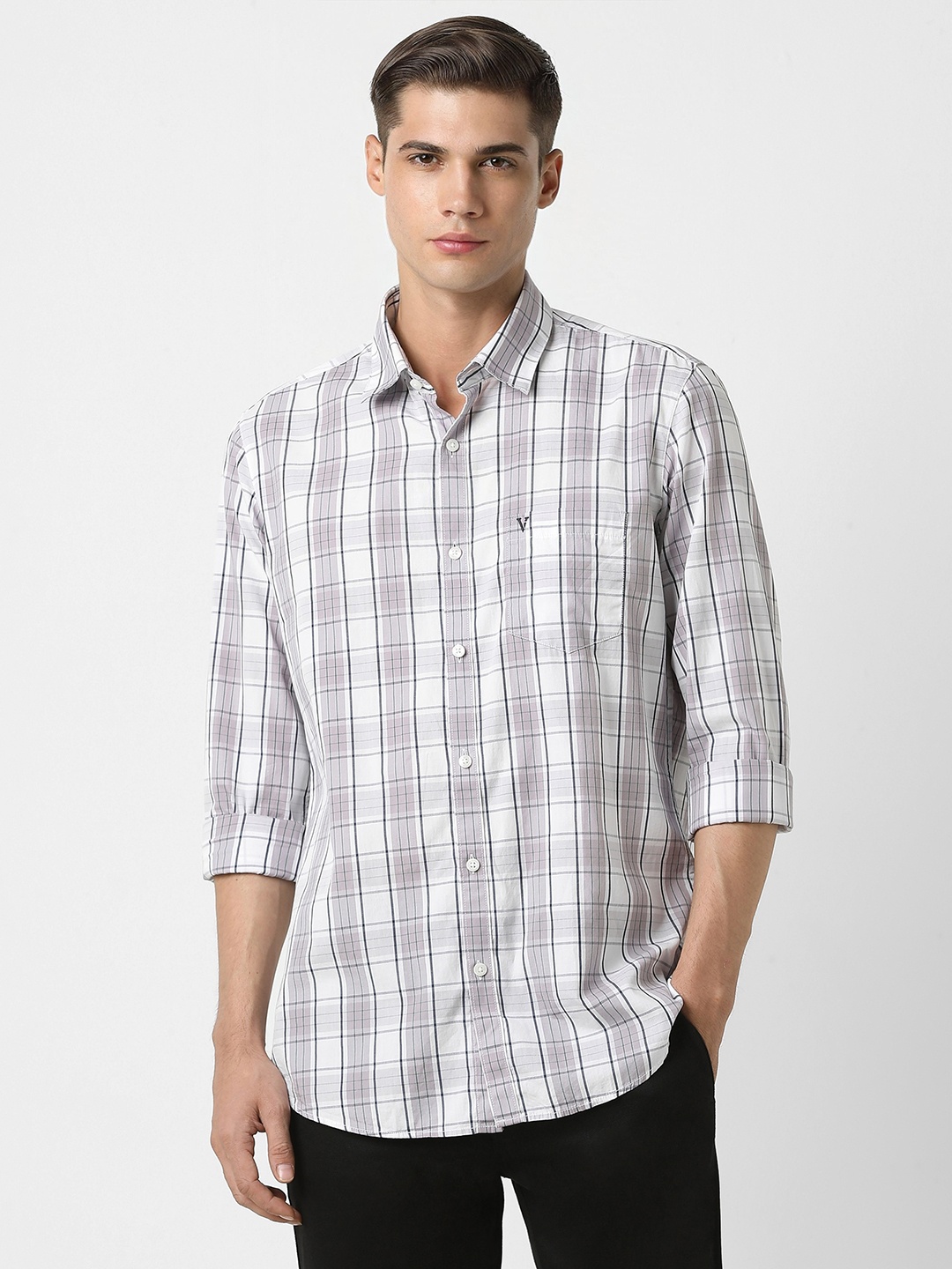 

Van Heusen Sport Spread Collar Slim Fit Opaque Cotton Checked Casual Shirt, Grey