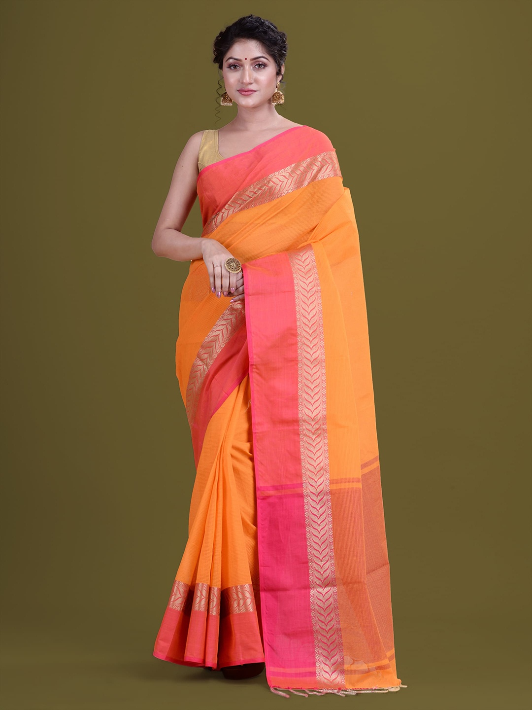 

HOUSE OF ARLI Zari Pure Cotton Saree, Orange