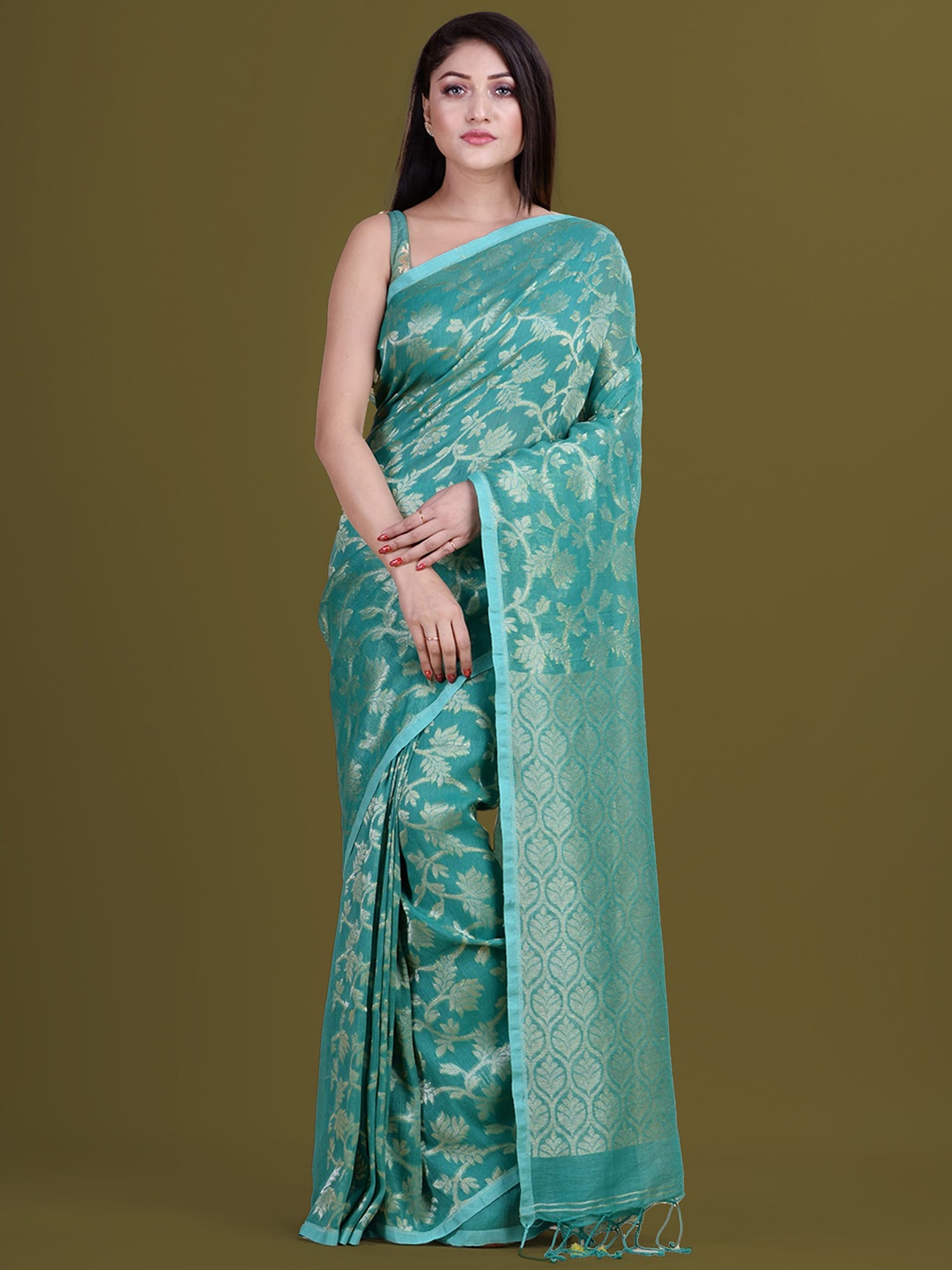 

HOUSE OF ARLI Floral Woven Design Zari Pure Linen Saree, Sea green