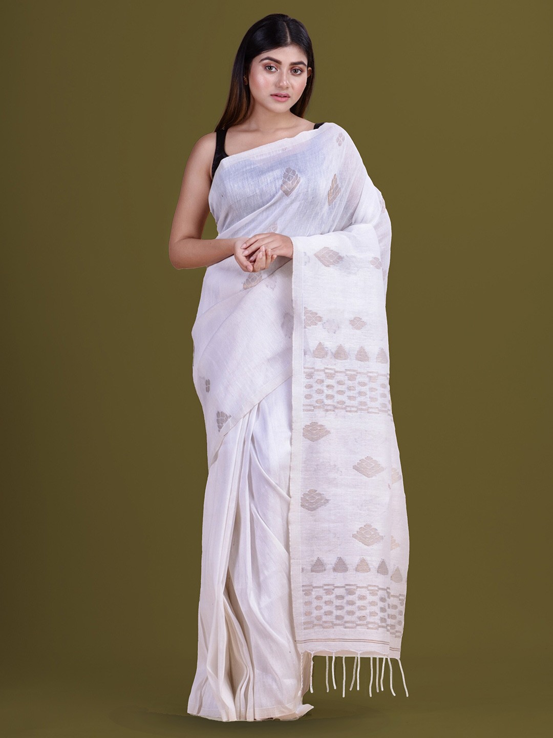 

HOUSE OF ARLI Ethnic Motifs Woven Design Pure Linen Saree, White