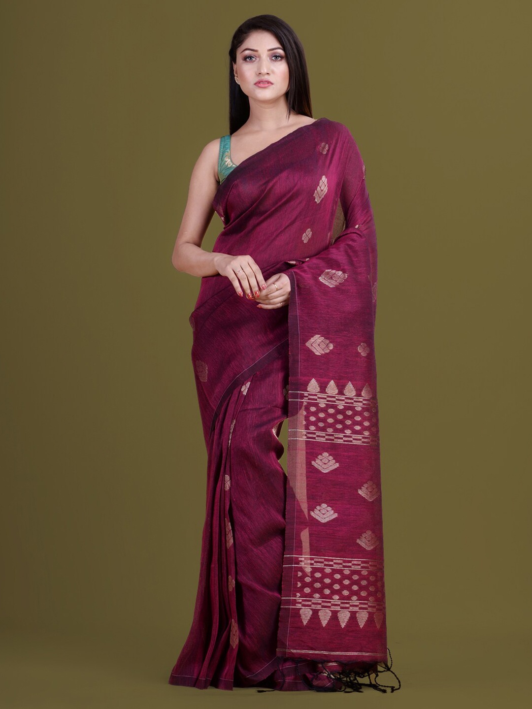 

HOUSE OF ARLI Ethnic Motifs Woven Design Zari Pure Linen Saree, Purple