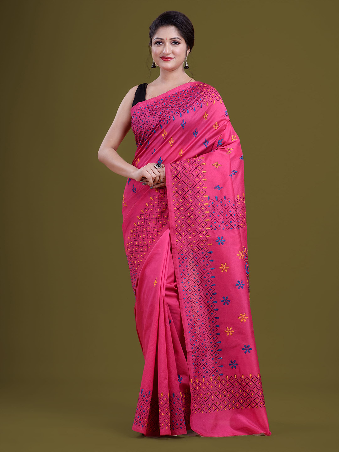 

HOUSE OF ARLI Ethnic Motifs Embroidered Kantha Work Saree, Pink