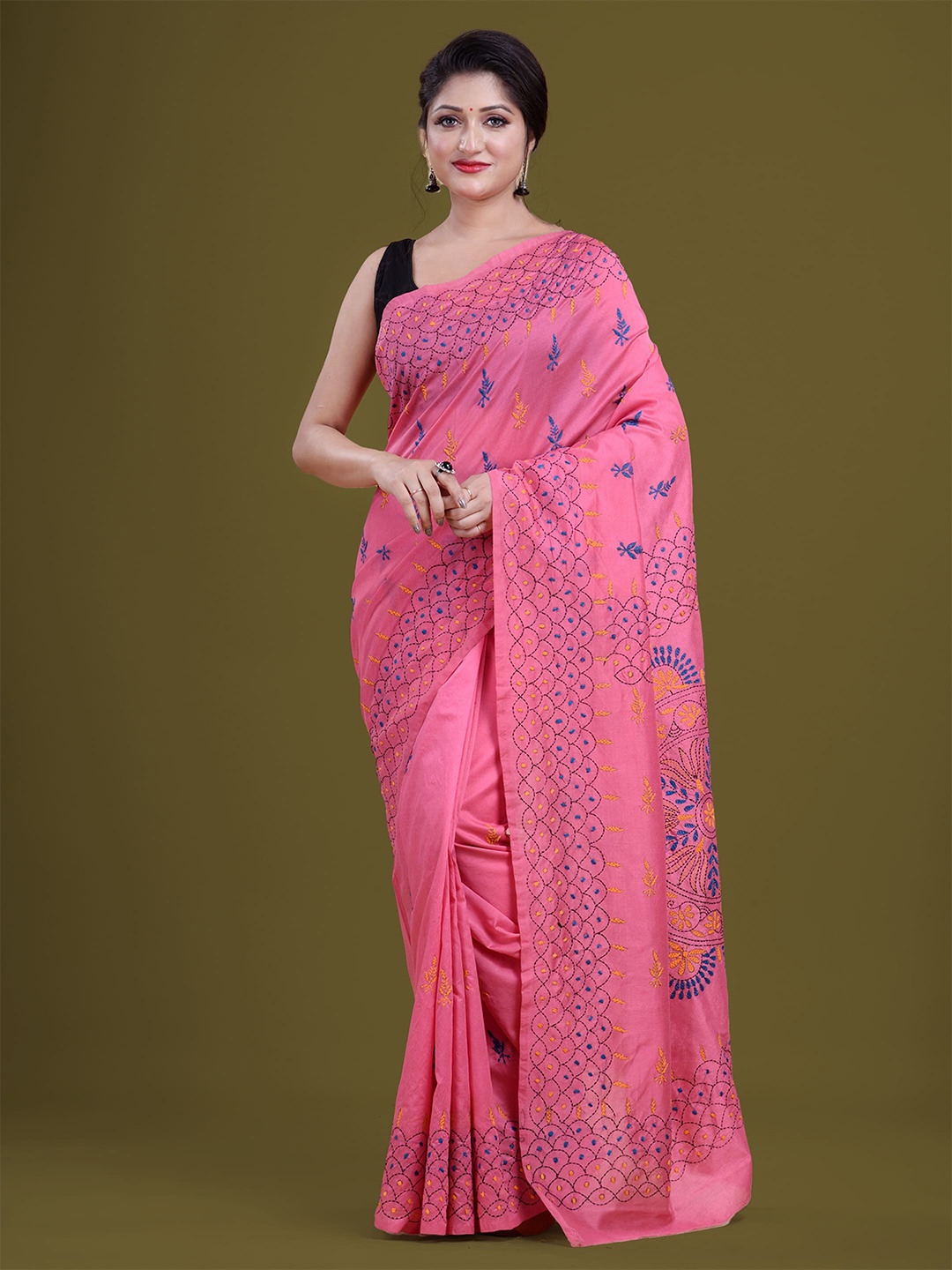 

HOUSE OF ARLI Ethnic Motifs Embroidered Kantha Work Art Silk Saree, Pink