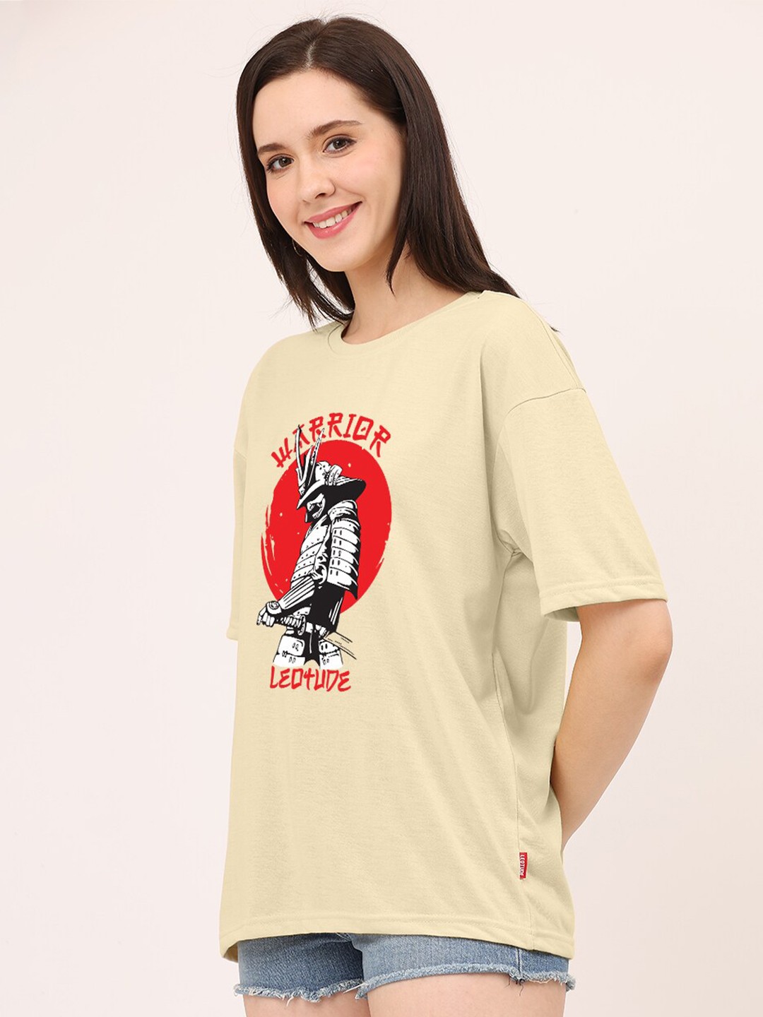 

Leotude Graphic Printed Drop-Shoulder Sleeves Oversized T-shirt, Beige
