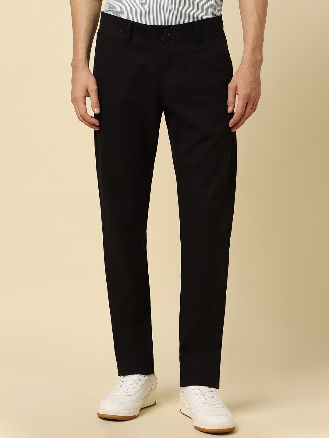 

Allen Solly Mid-Rise Flat-Front Cotton Slim Fit Casual Trousers, Black