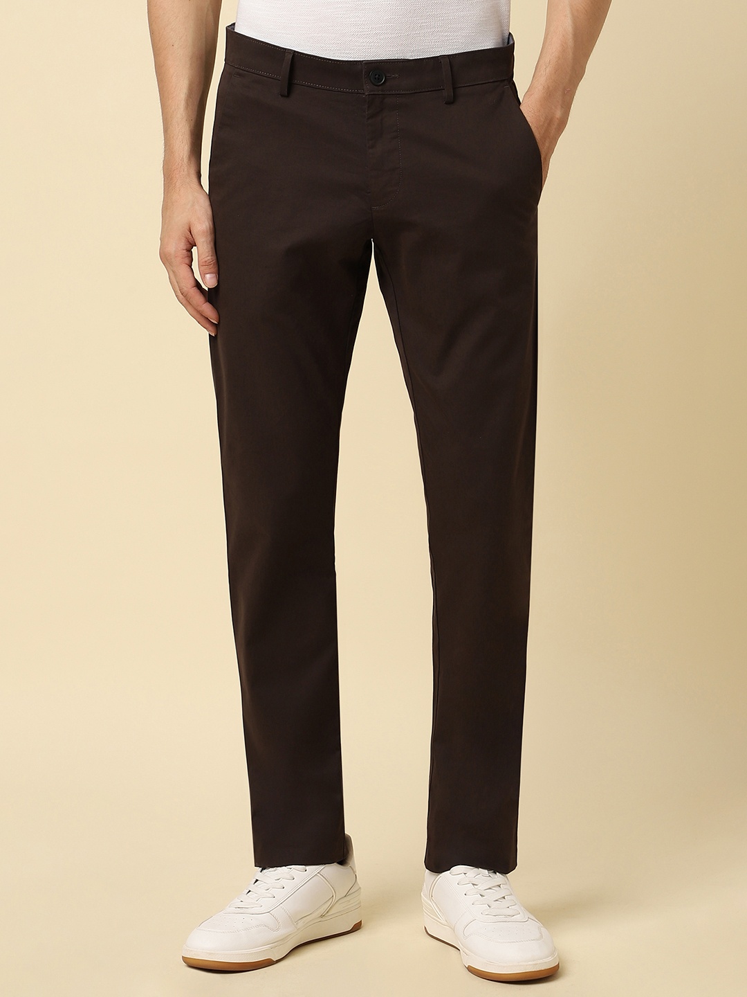 

Allen Solly Mid-Rise Flat-Front Cotton Slim Fit Casual Trousers, Brown